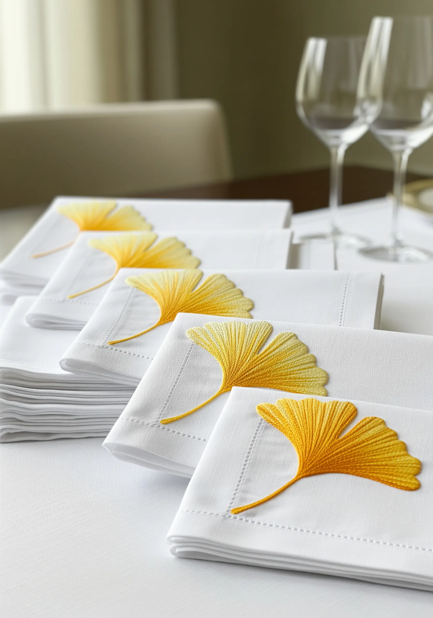 White cloth napkins with an embroidered ginkgo leaf in variegated yellow thread.