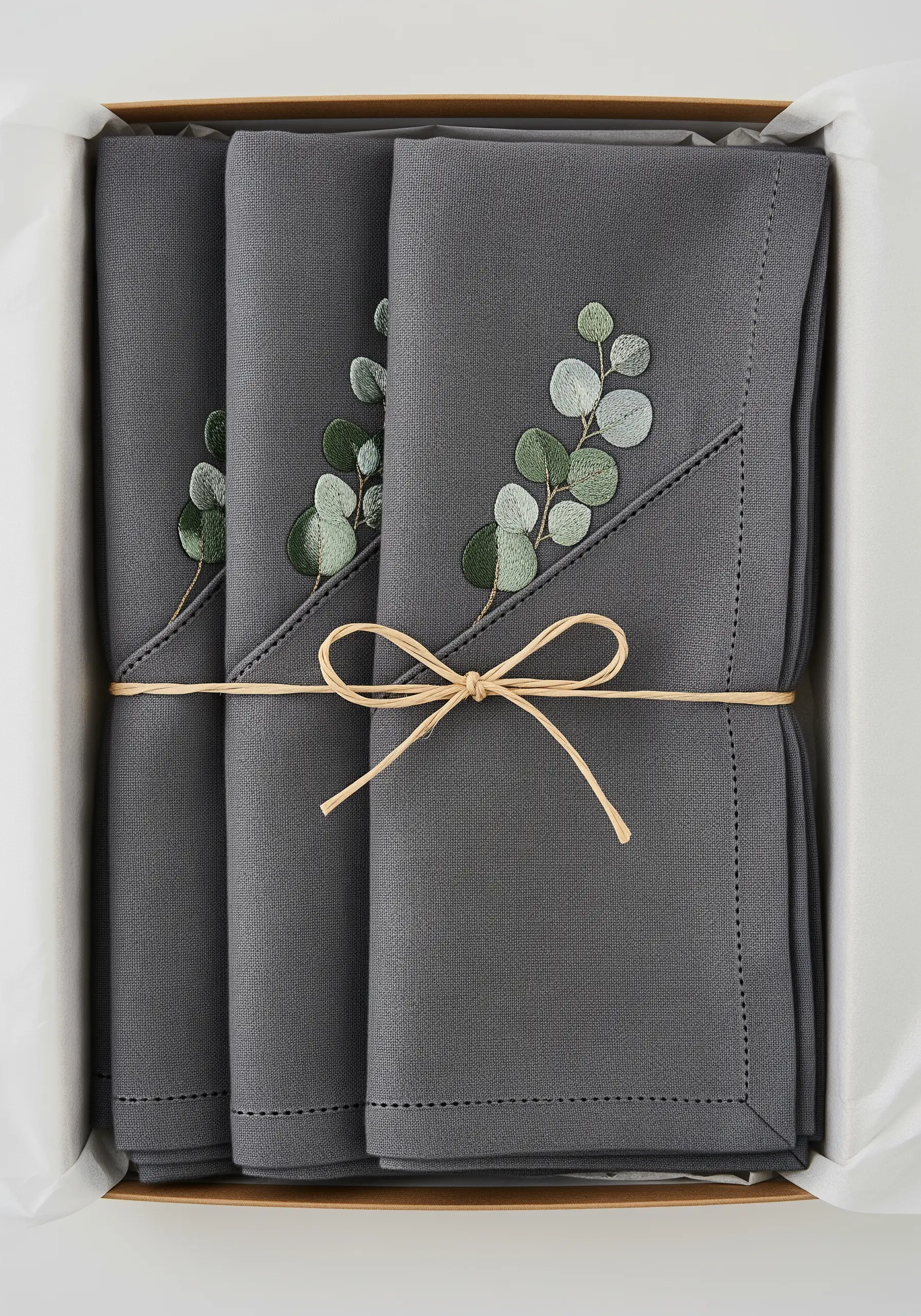 A sprig of eucalyptus with muted green leaves embroidered on gray cloth napkins.