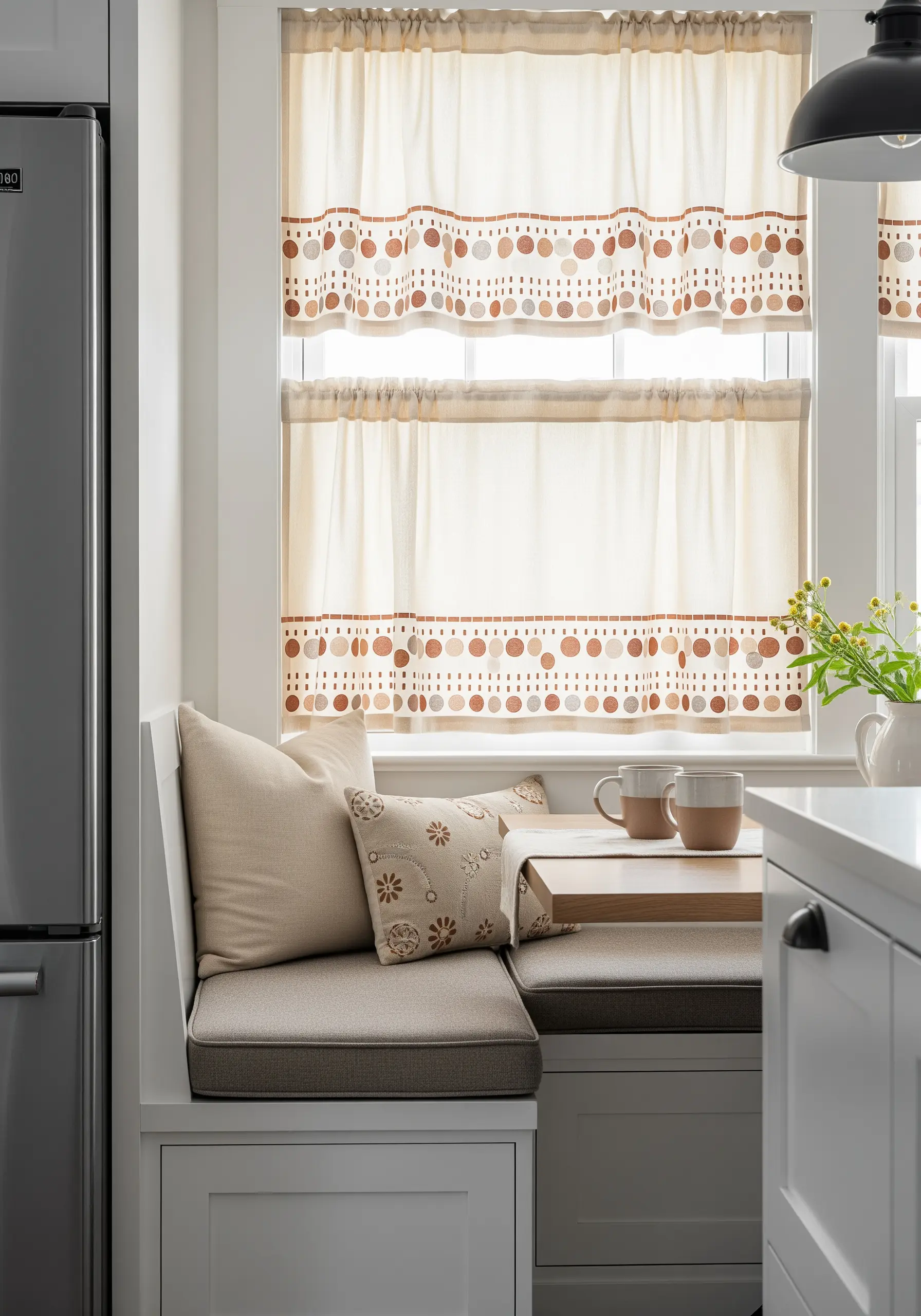 Modern polka dot pattern in clay tones embroidered on a kitchen café curtain.