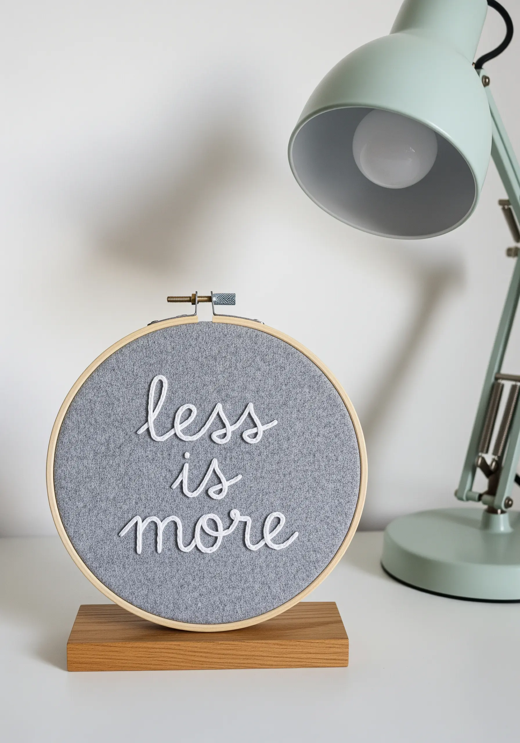 The phrase 'less is more' embroidered in white script on grey felt.