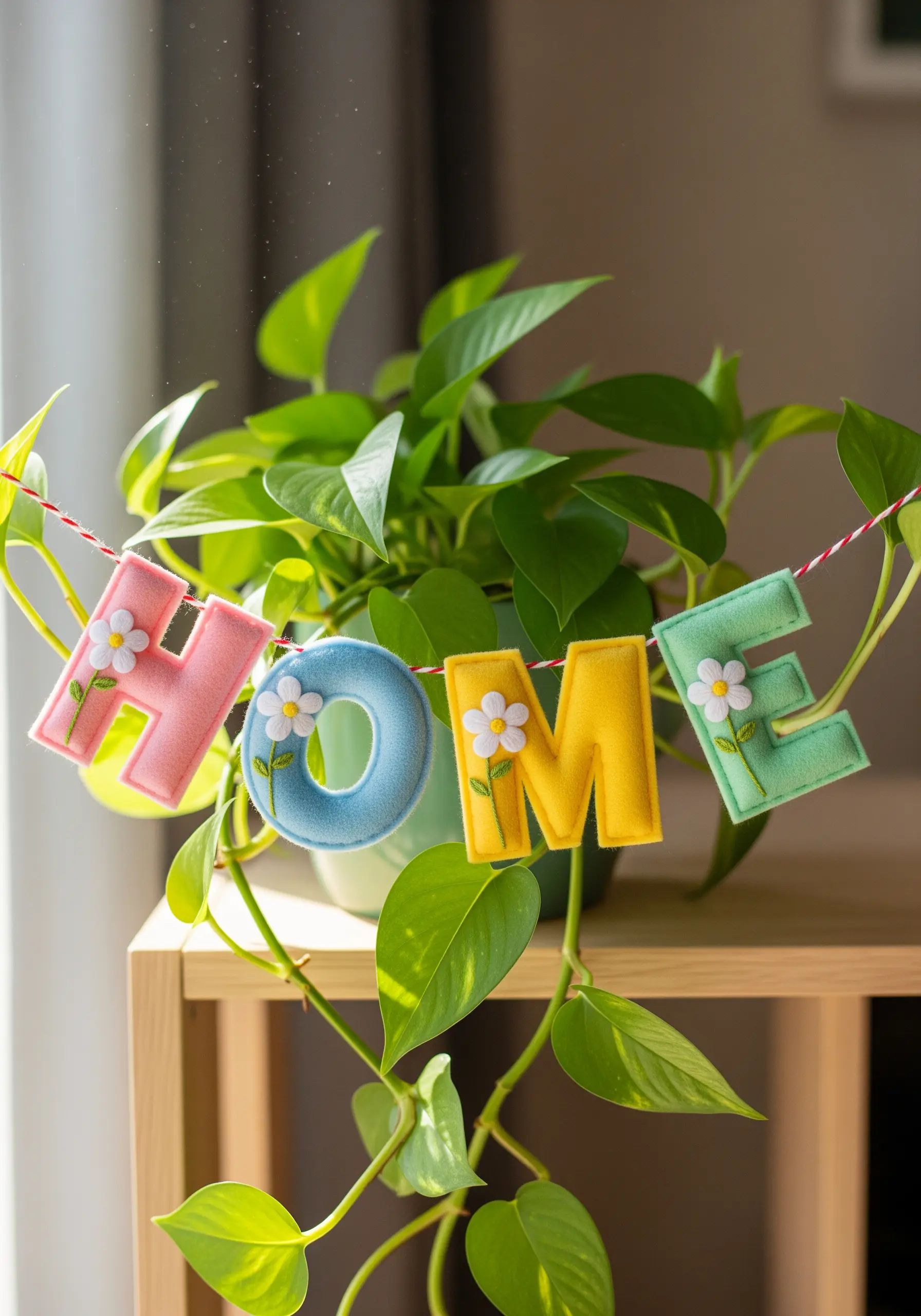 A 'HOME' garland made of colorful stuffed felt letters decorated with embroidered daisies.