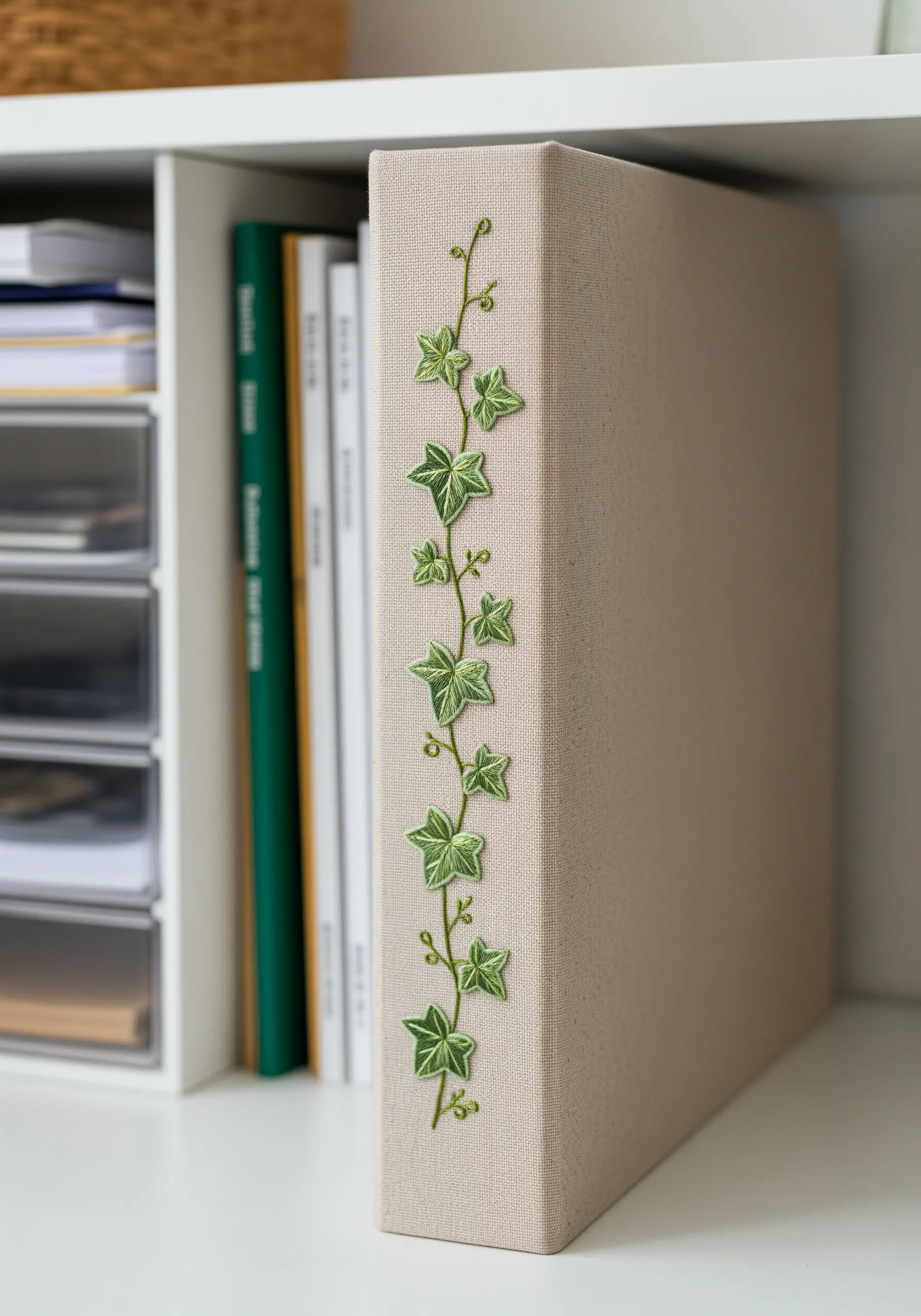 A green ivy vine with detailed leaves embroidered up the spine of a linen binder