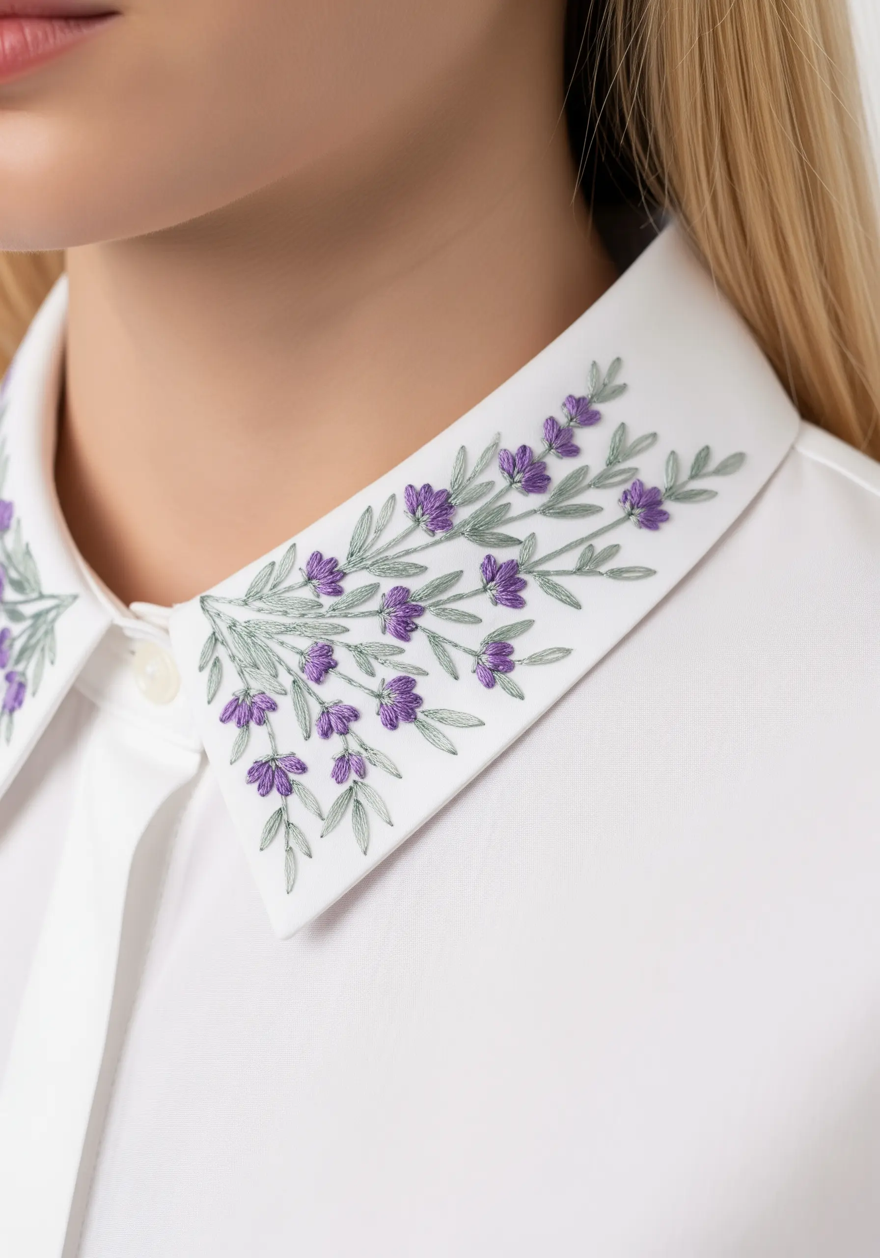 Delicate lavender and leaf embroidery on the collar of a white button-down shirt.