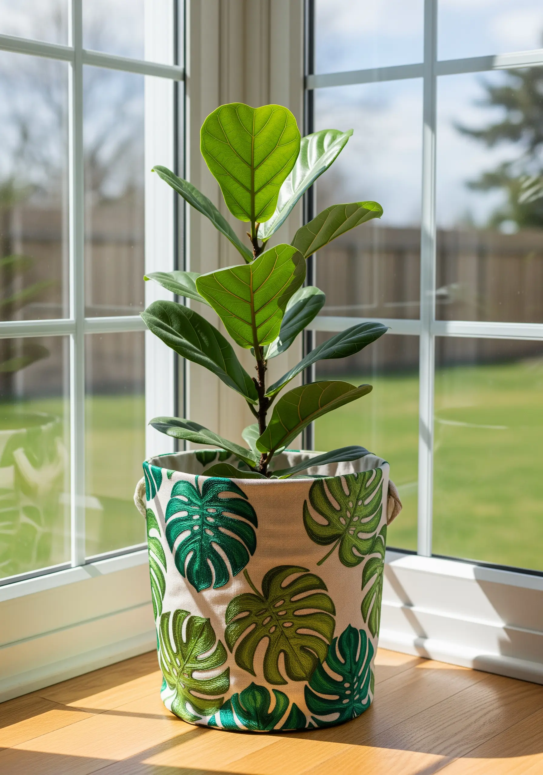A fabric plant pot cover embroidered with large green Monstera leaves holding a fiddle leaf fig.