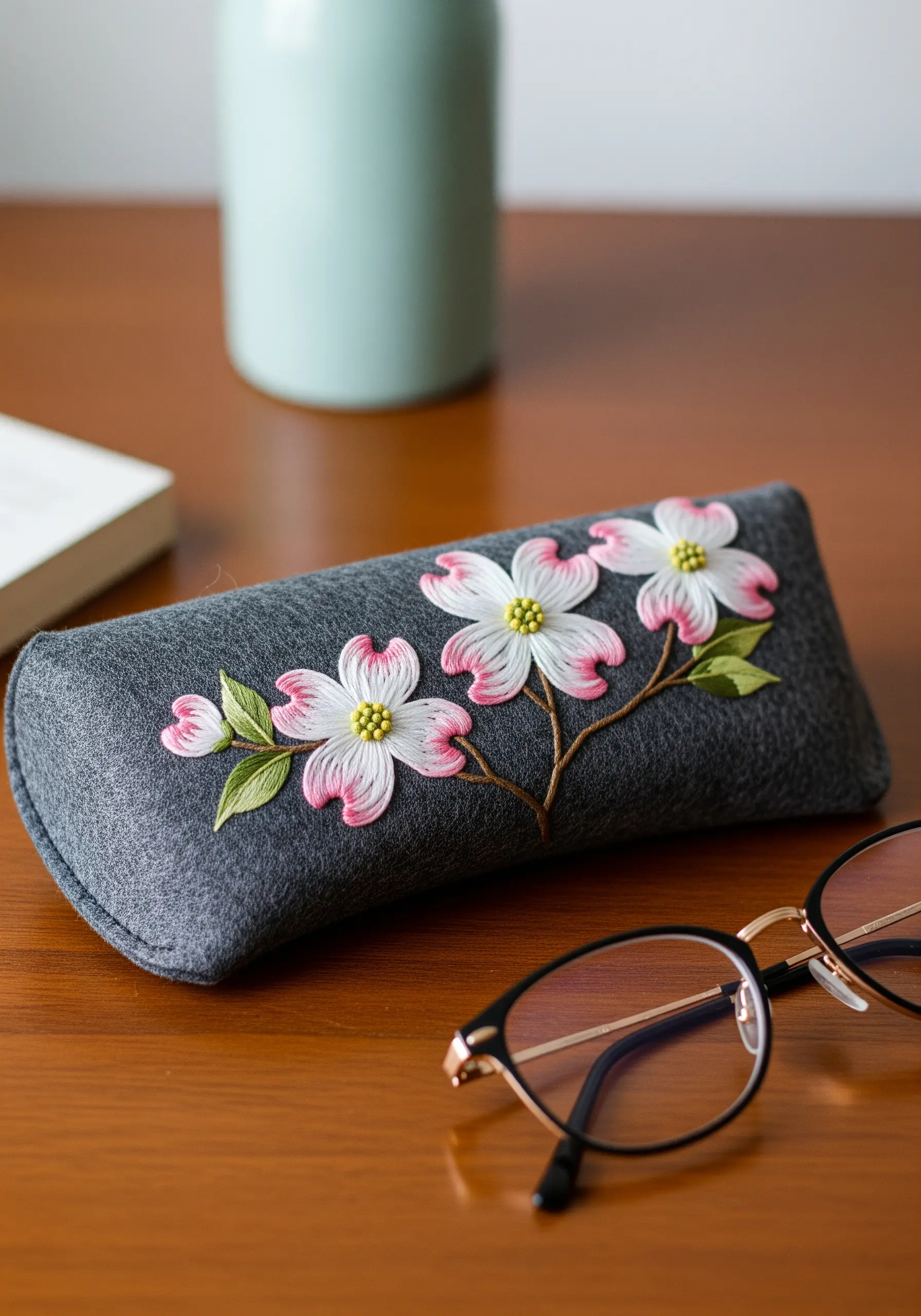 A gray felt glasses case embroidered with delicate pink and white dogwood blossoms