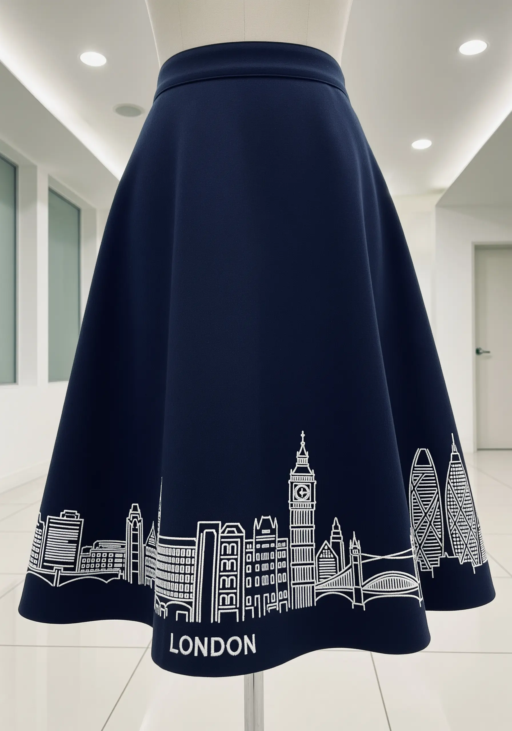 A white line art embroidery of the London skyline along the hem of a navy blue skirt.