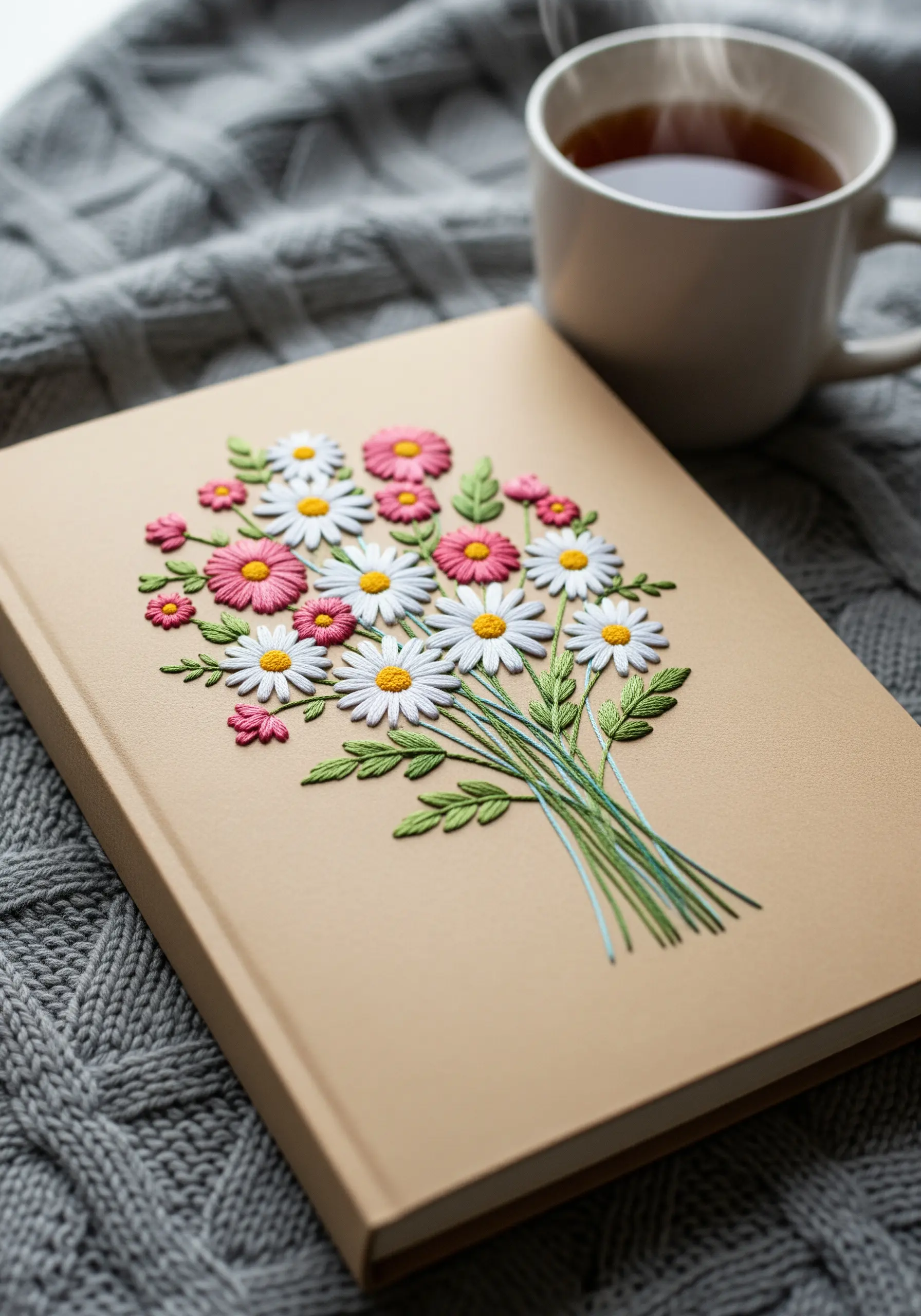 A detailed floral bouquet embroidered on the beige cover of a journal.