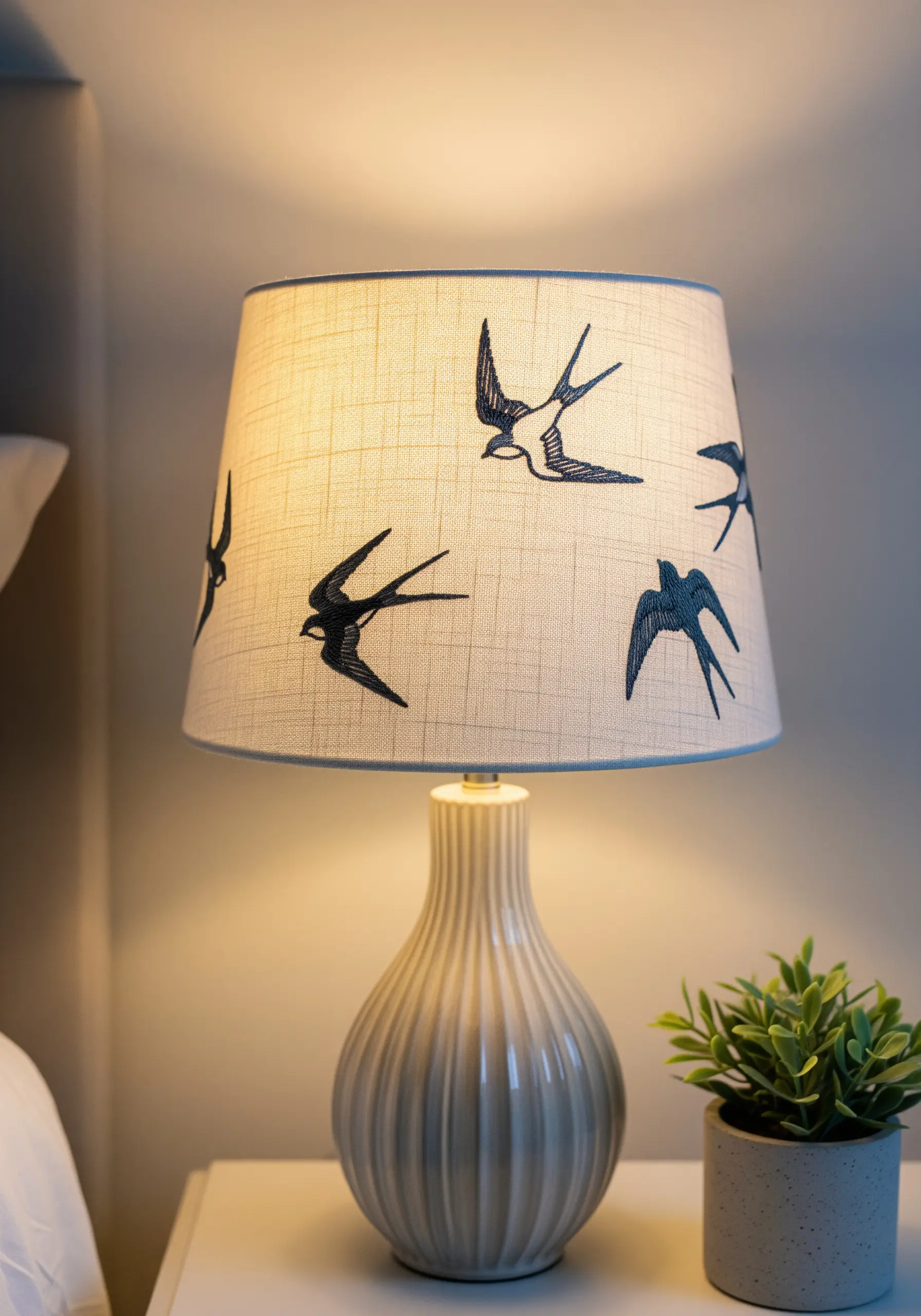 Embroidered swallows in black thread scattered across a fabric lampshade.