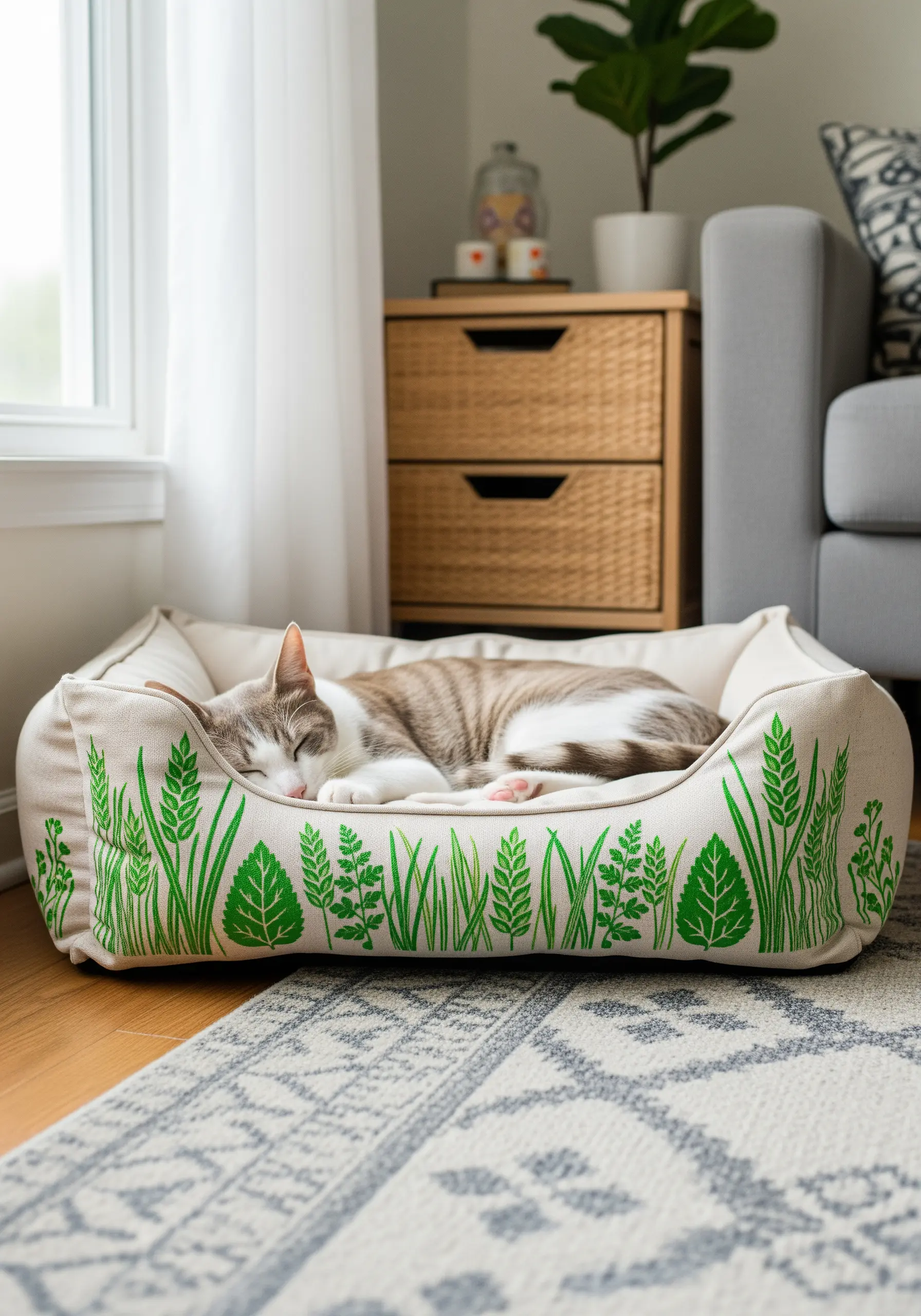 A cozy pet bed with its sides decorated with a border of simple green leaf embroidery