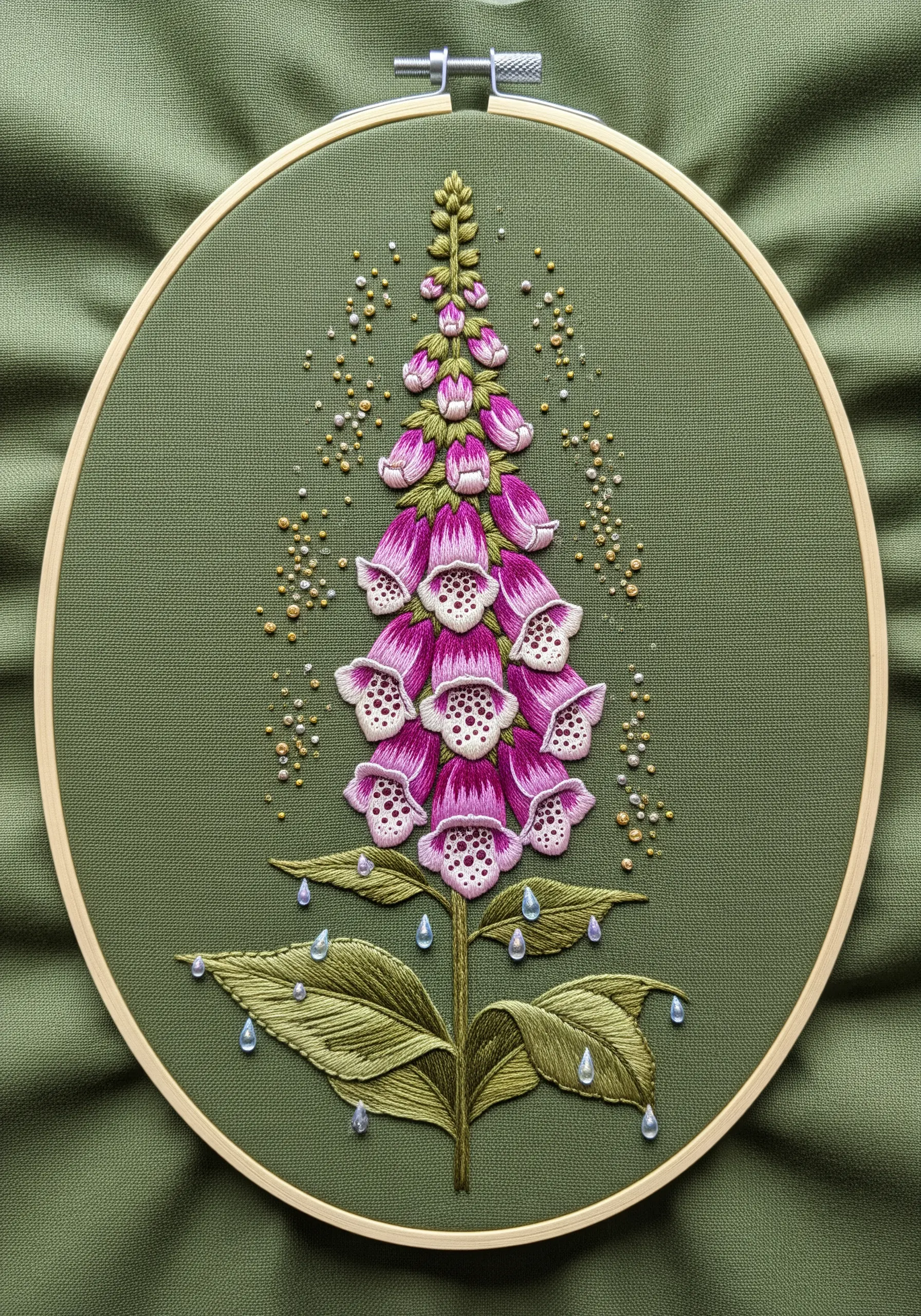 Embroidered pink foxglove stalk embellished with sparkling beads and crystal teardrops.