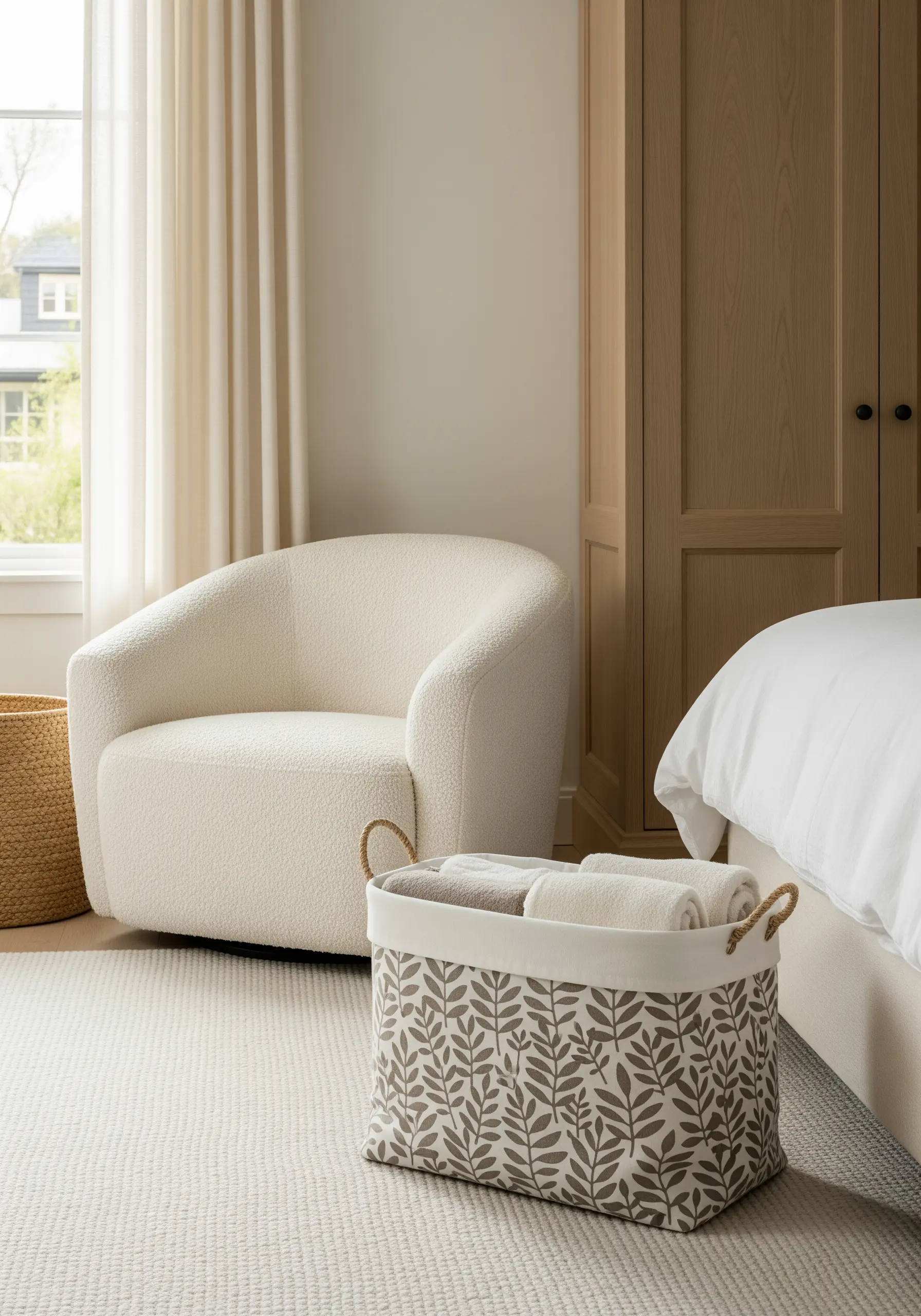 A repeating leaf pattern embroidered in a muted brown on a canvas storage basket.