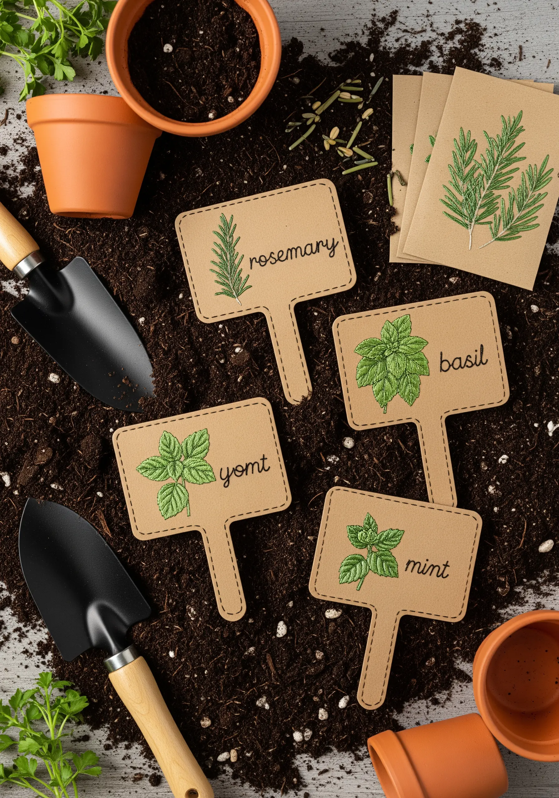 Four kraft paper garden markers for rosemary, basil, and mint, each with a small embroidered herb.