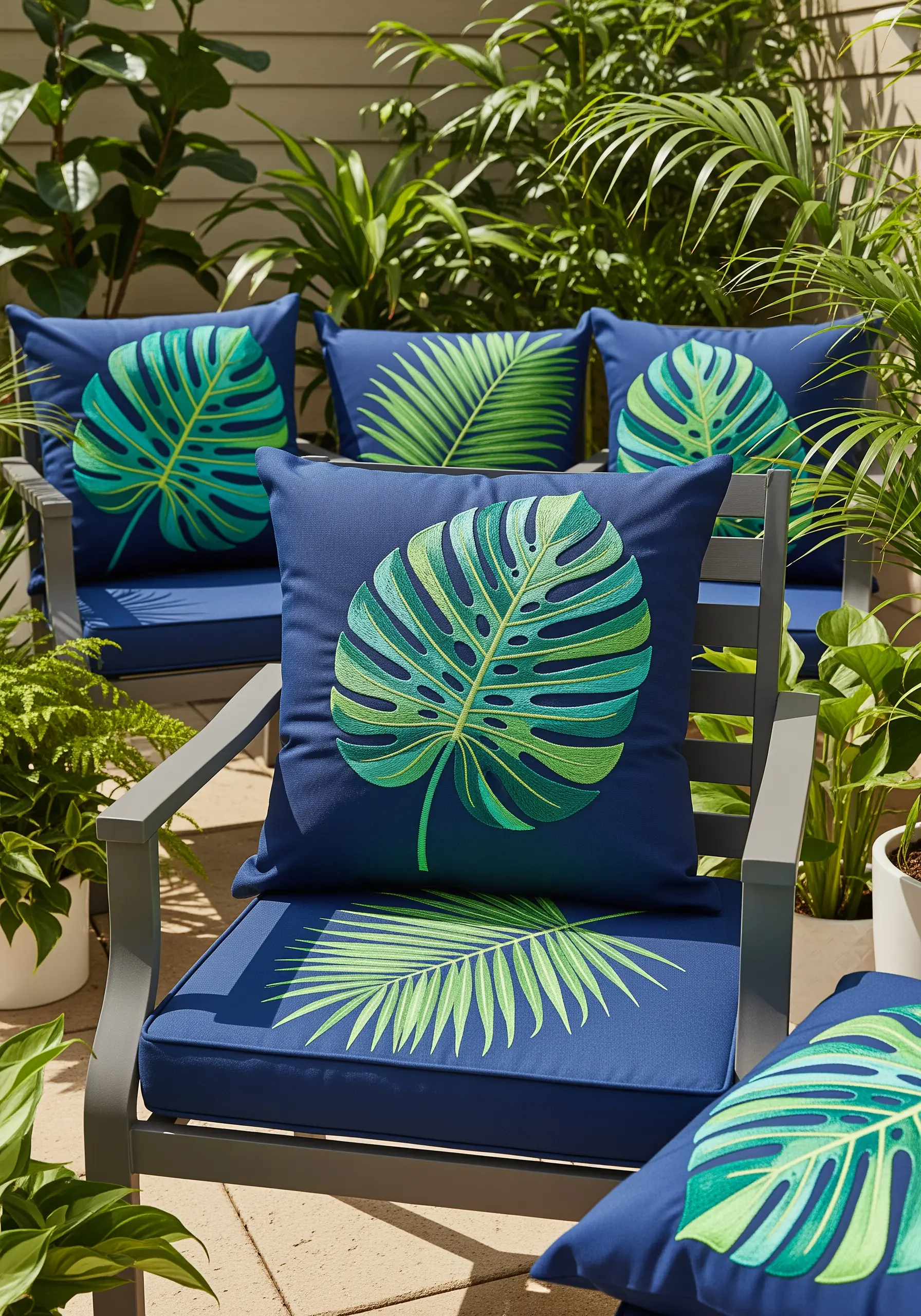 Outdoor chair with a navy blue cushion featuring a large, vibrantly embroidered Monstera leaf