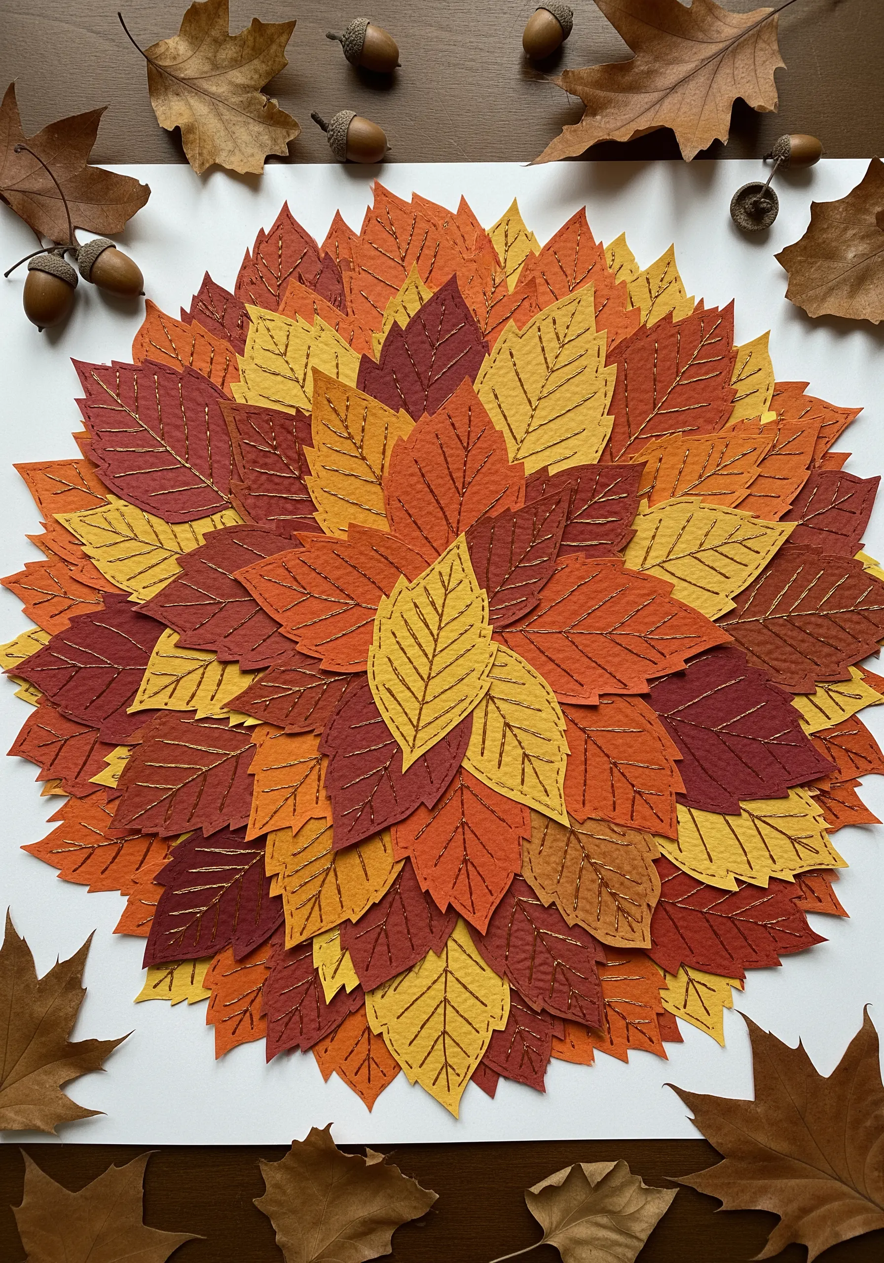 A mandala made of layered paper autumn leaves with gold thread stitched as veins.
