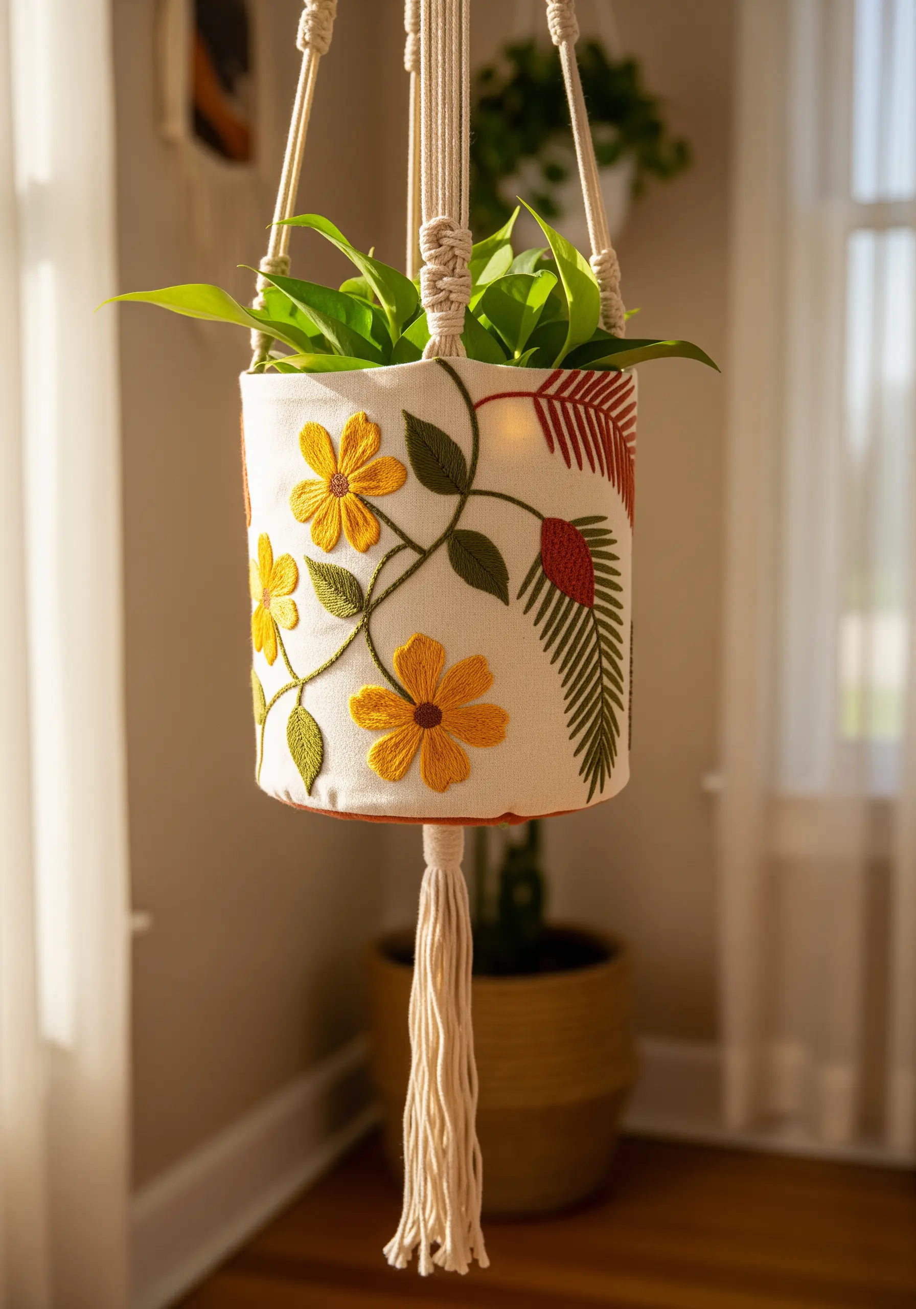 A fabric plant pot holder decorated with simple embroidered yellow flowers and green leaves.