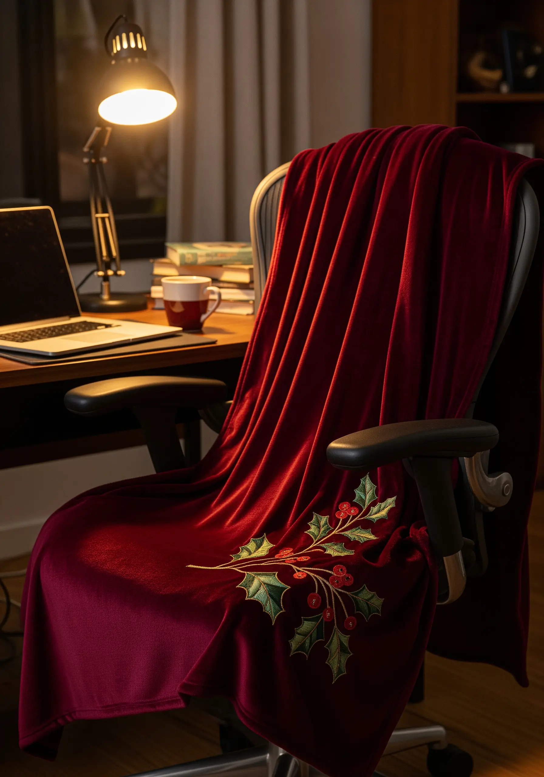A sprig of embroidered holly with red berries and green leaves on a rich red velvet throw.