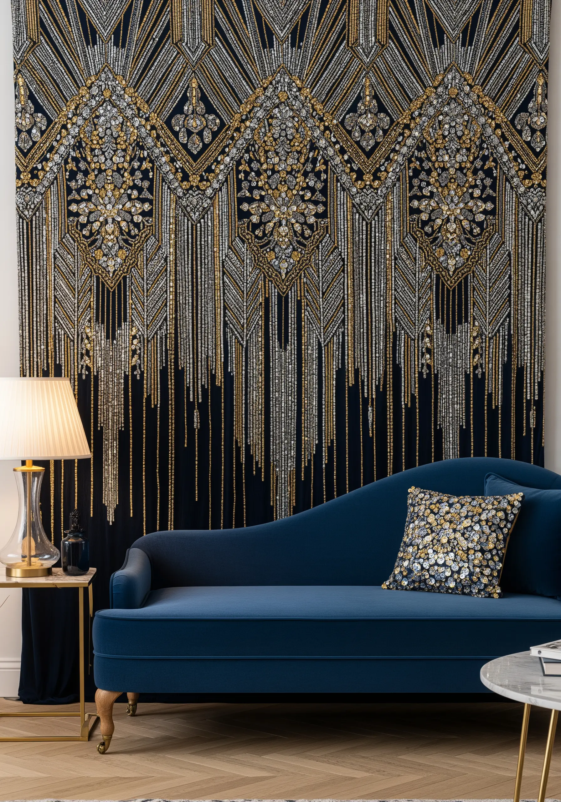 A large, glamorous wall tapestry with Art Deco patterns made from gold and silver beads and sequins.