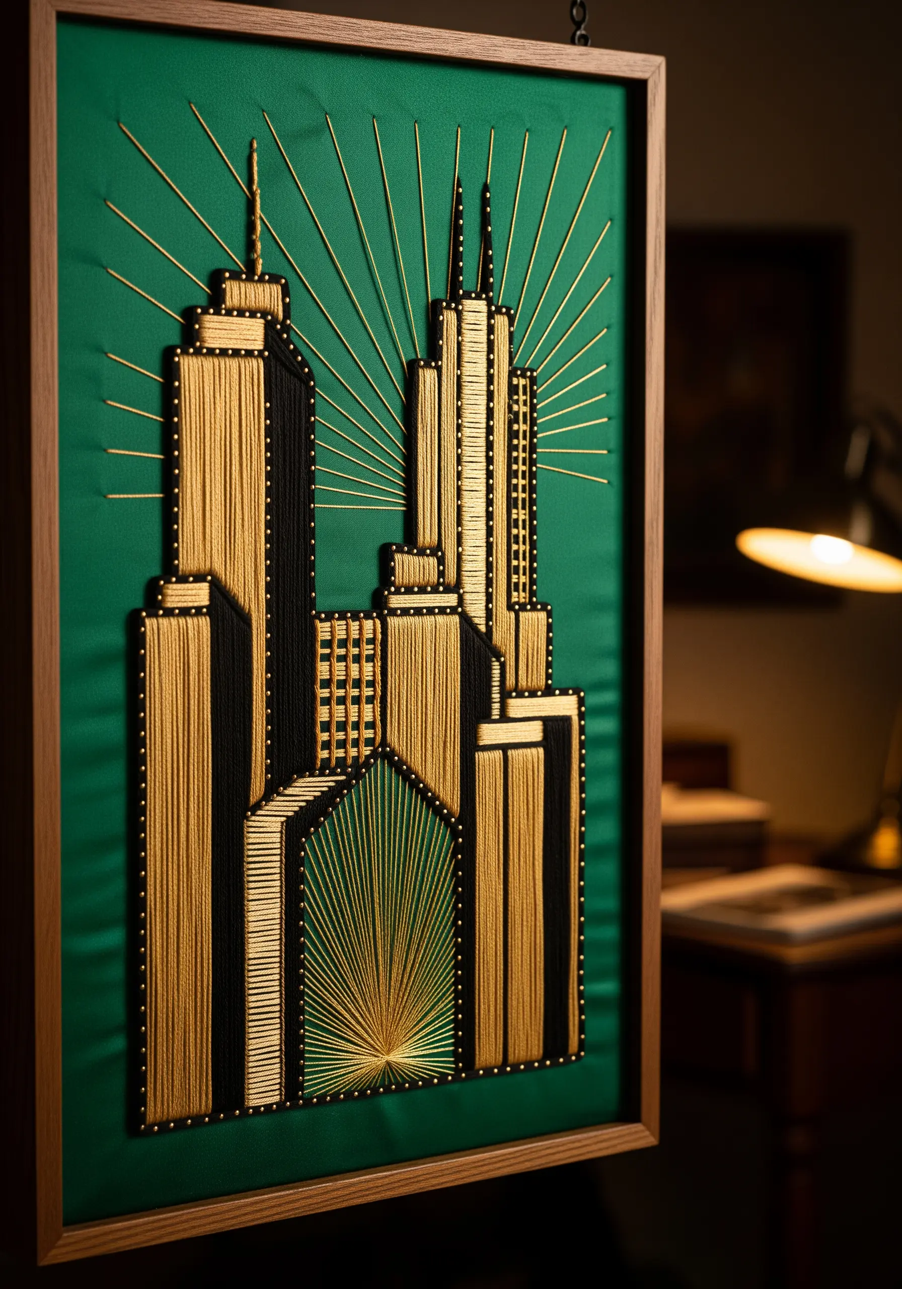 Art Deco-style string art of skyscrapers using gold and black thread on a green background.