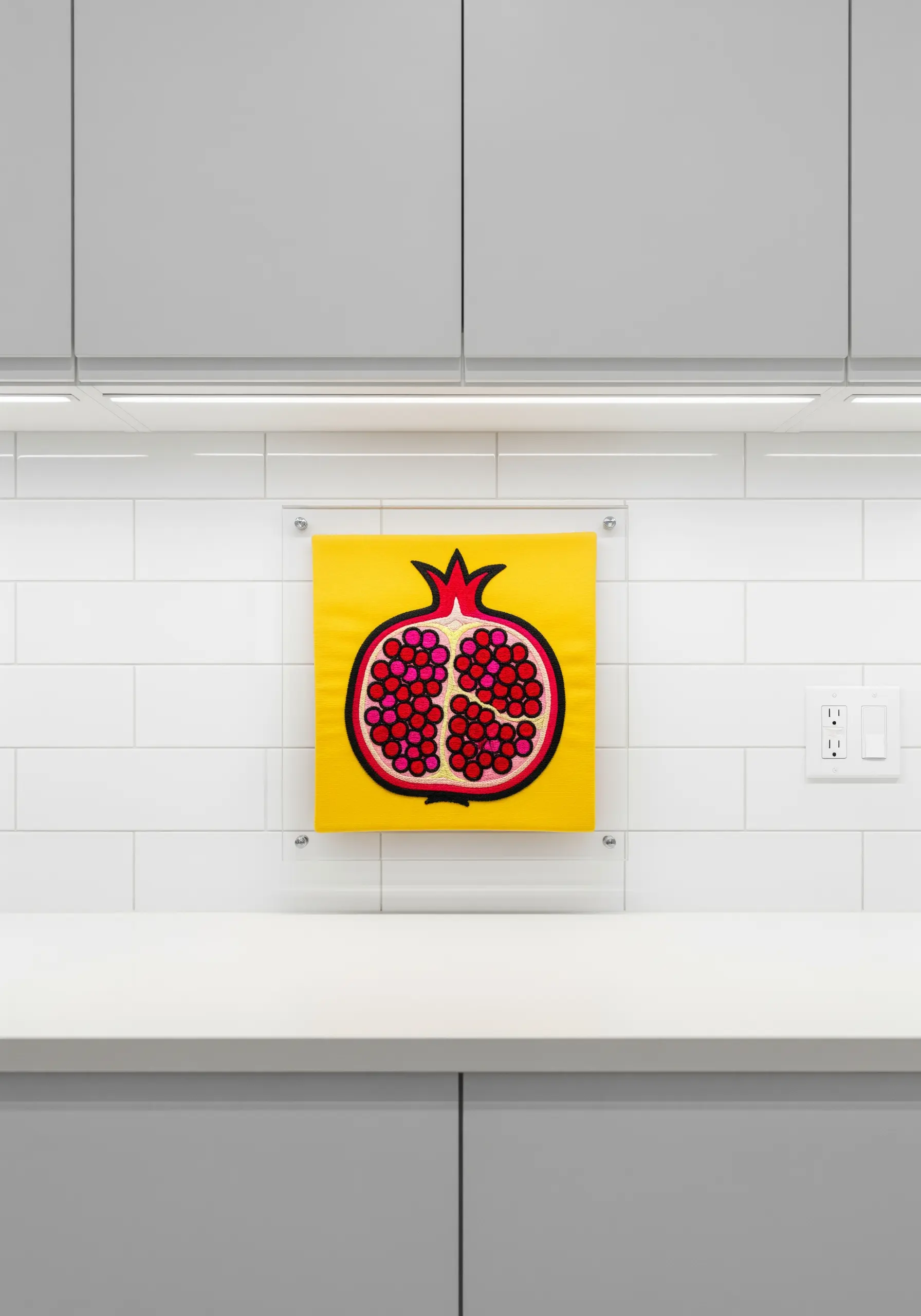 A pop-art style embroidery of a pomegranate with bold black outlines on a yellow background.