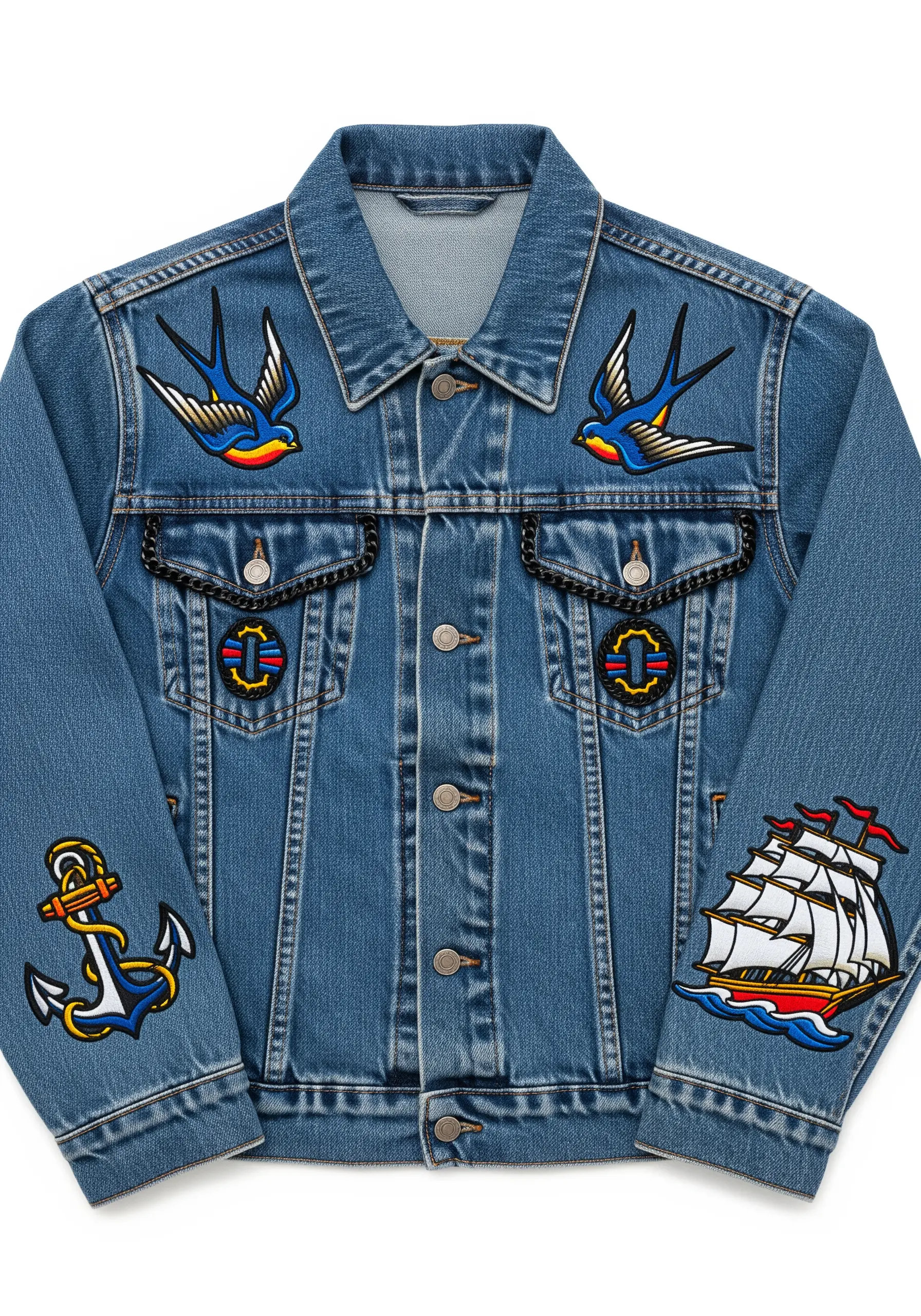 A denim jacket decorated with several classic sailor tattoo patches: swallows, an anchor, and a ship.