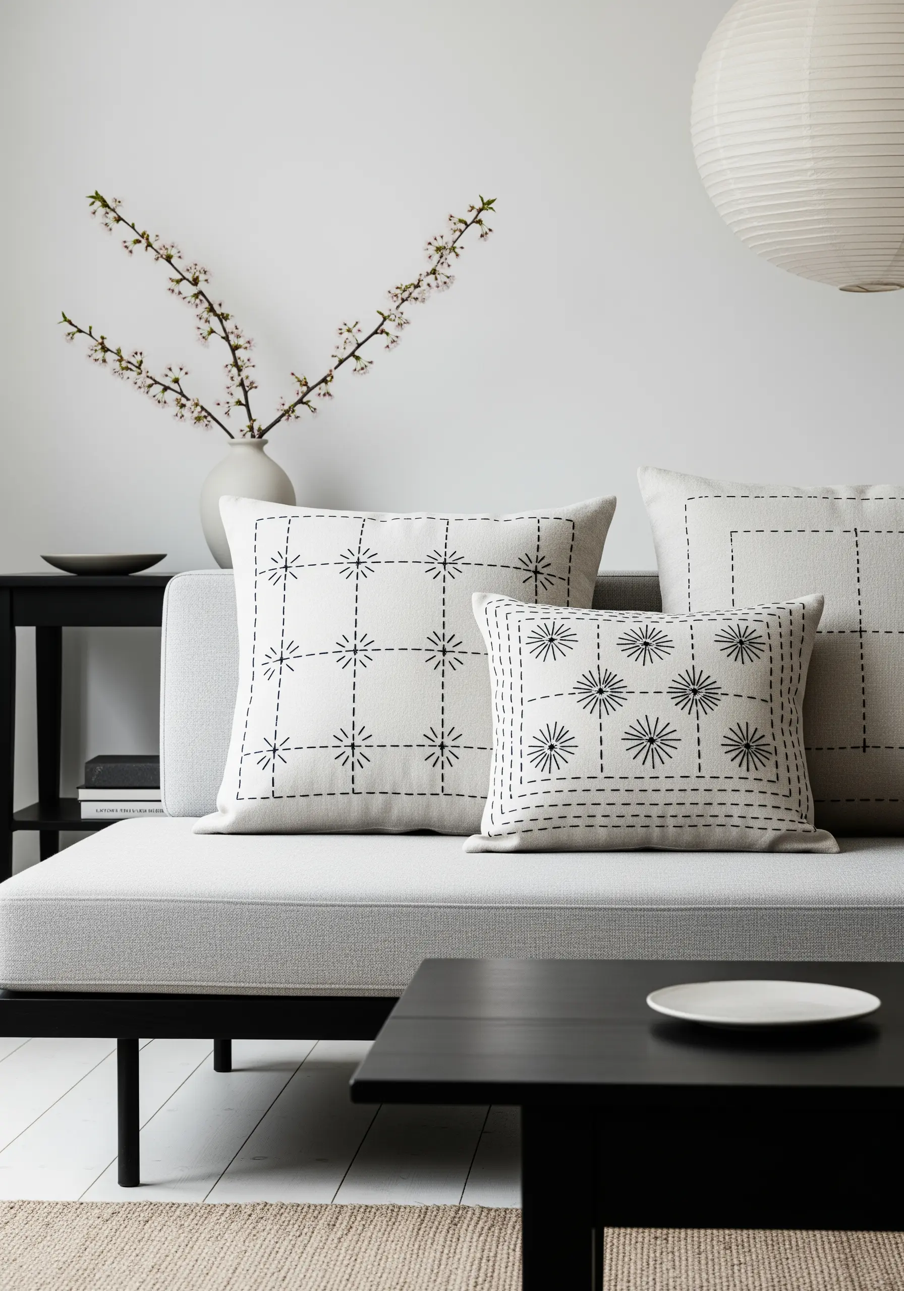 Sashiko-inspired grid and starburst patterns in black thread on off-white cushions