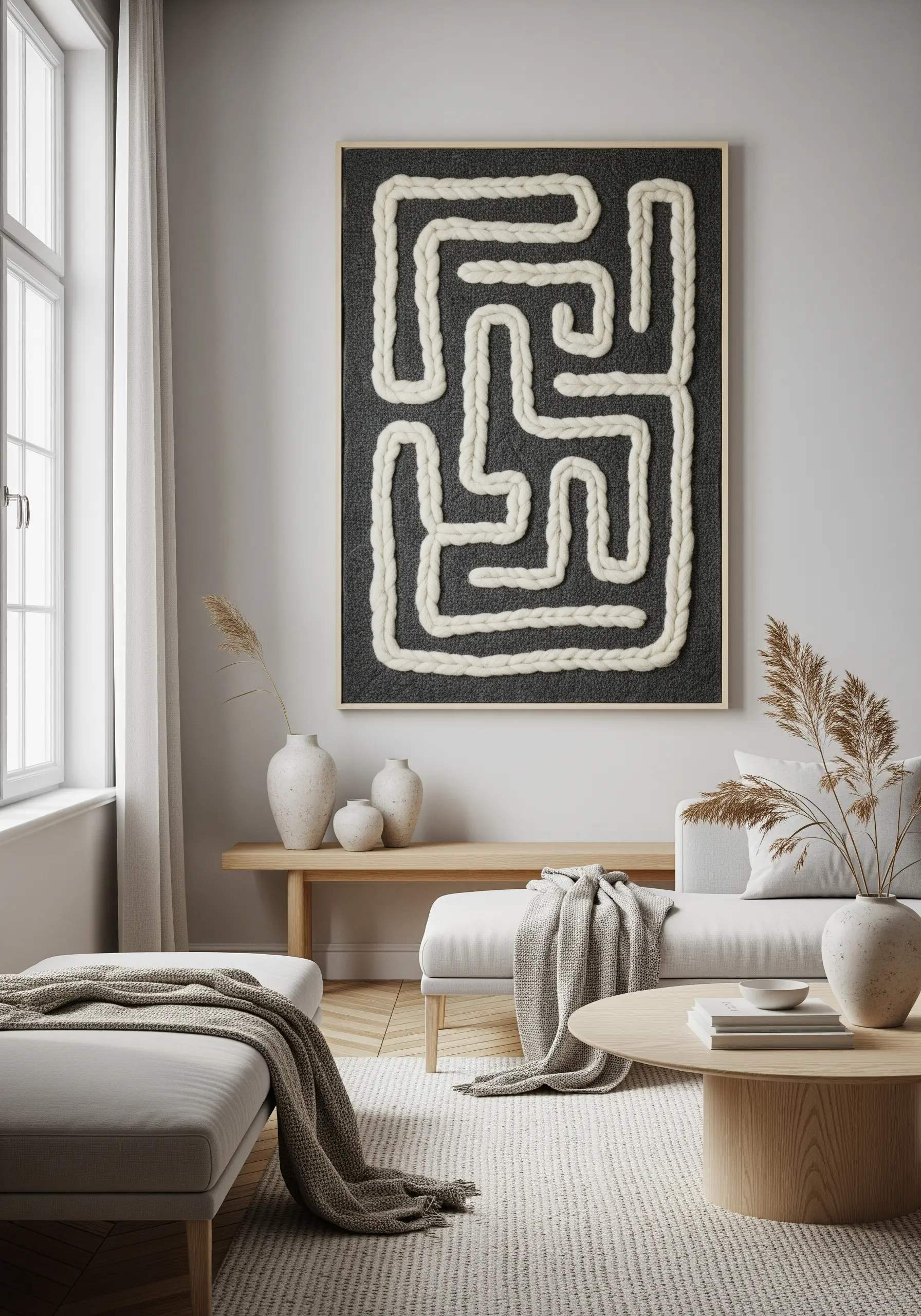 Large framed wall art with a thick, white yarn maze pattern on a dark gray textured background.