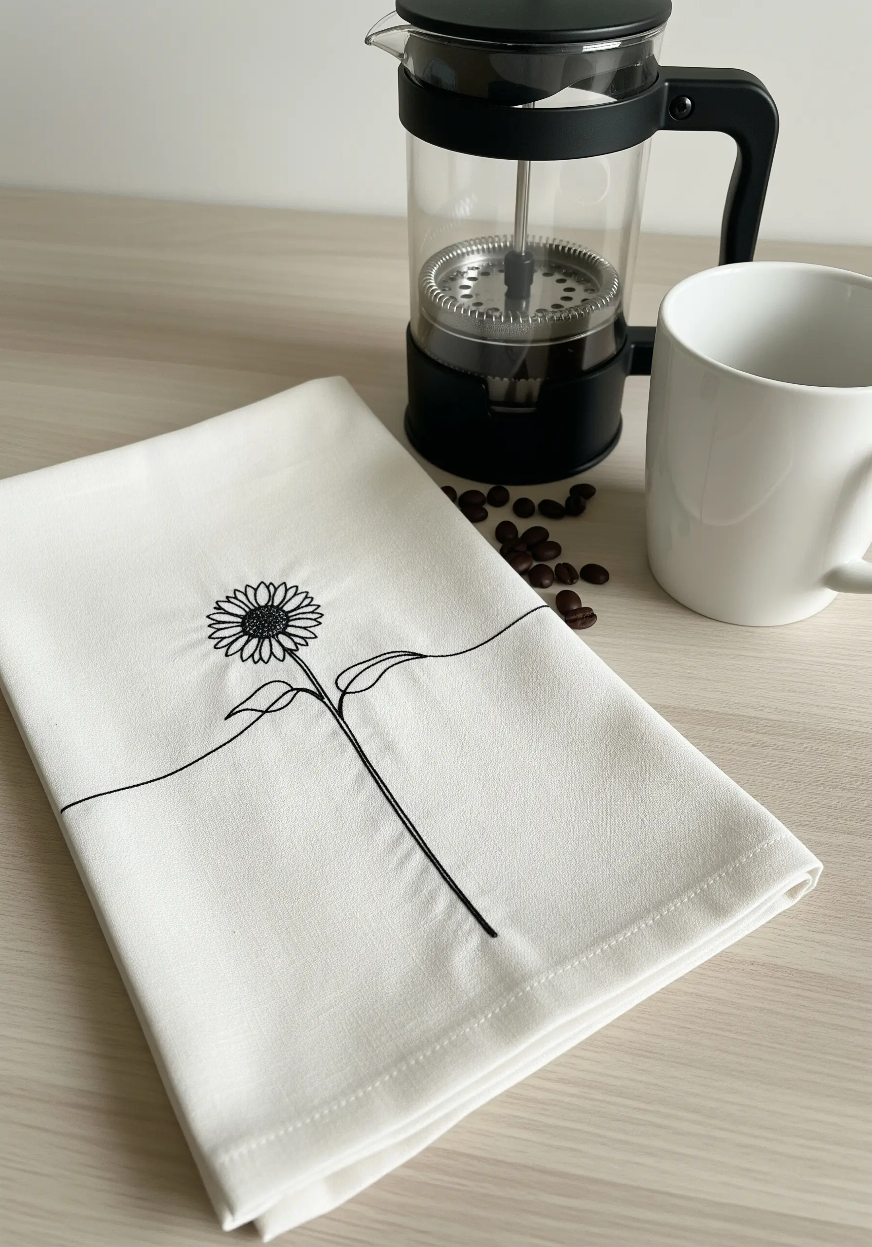 A minimalist sunflower and stem embroidered in a single continuous black line on a white towel