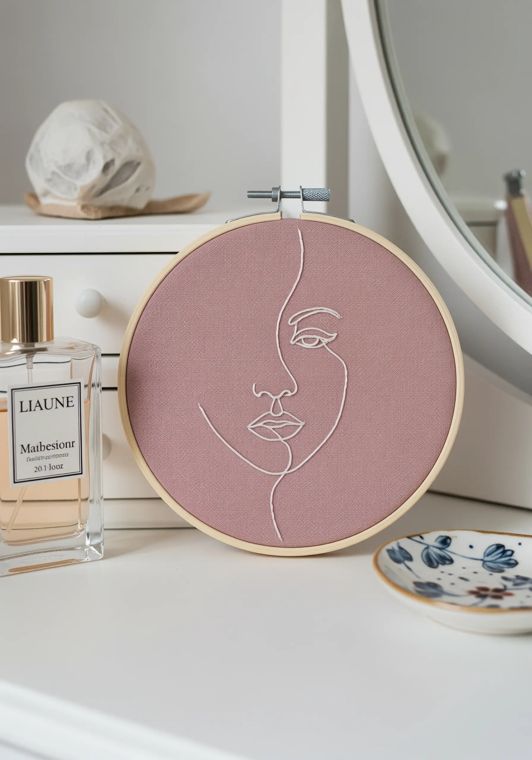 A minimal line art face stitched in thin white thread on a dusty pink fabric.