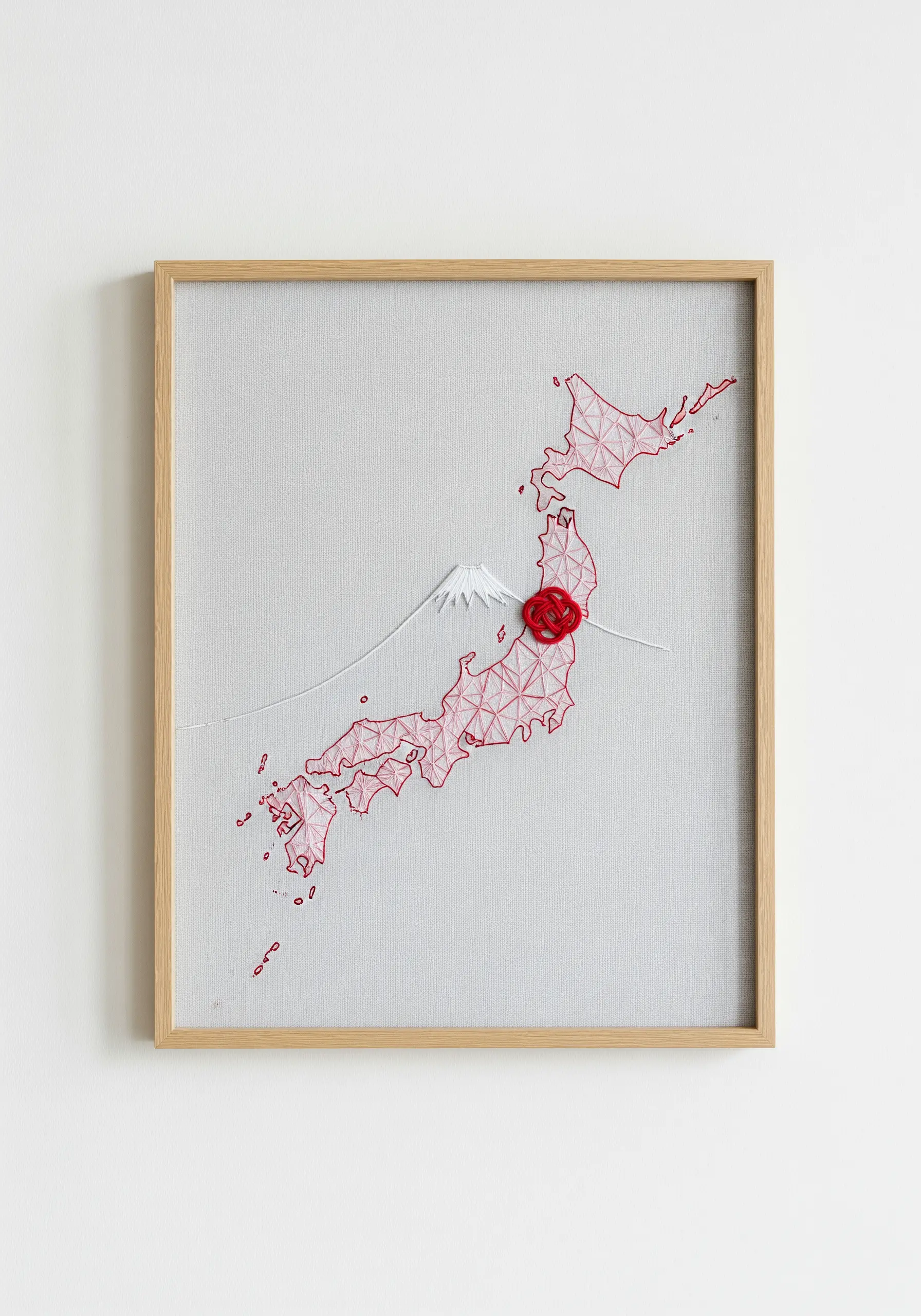 Minimalist string art map of Japan in red thread, with a white Mt. Fuji motif.