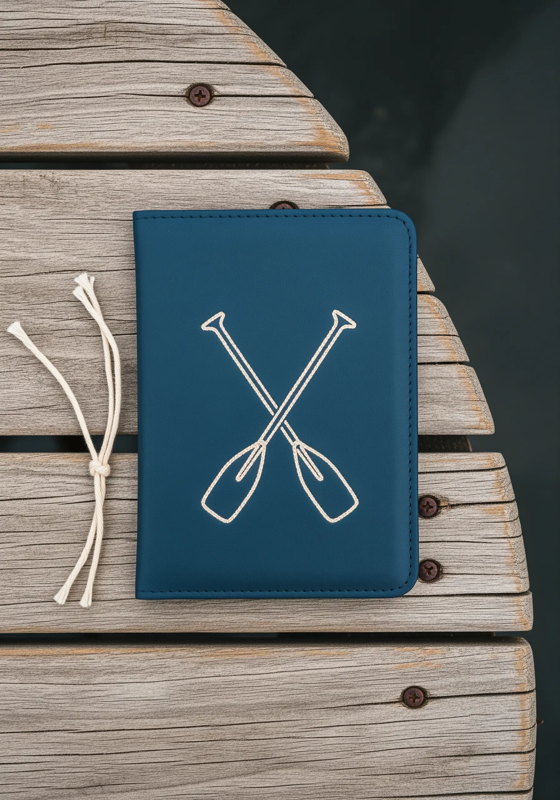 A simple white outline of two crossed oars on a deep blue passport cover.
