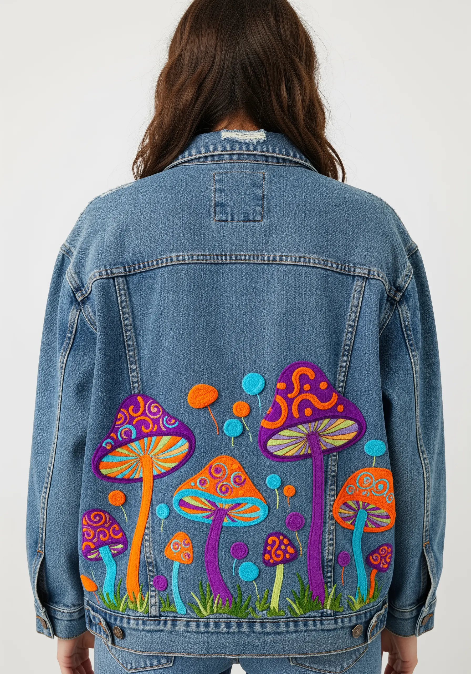 Colorful psychedelic mushrooms with swirling patterns embroidered on the back of a denim jacket.