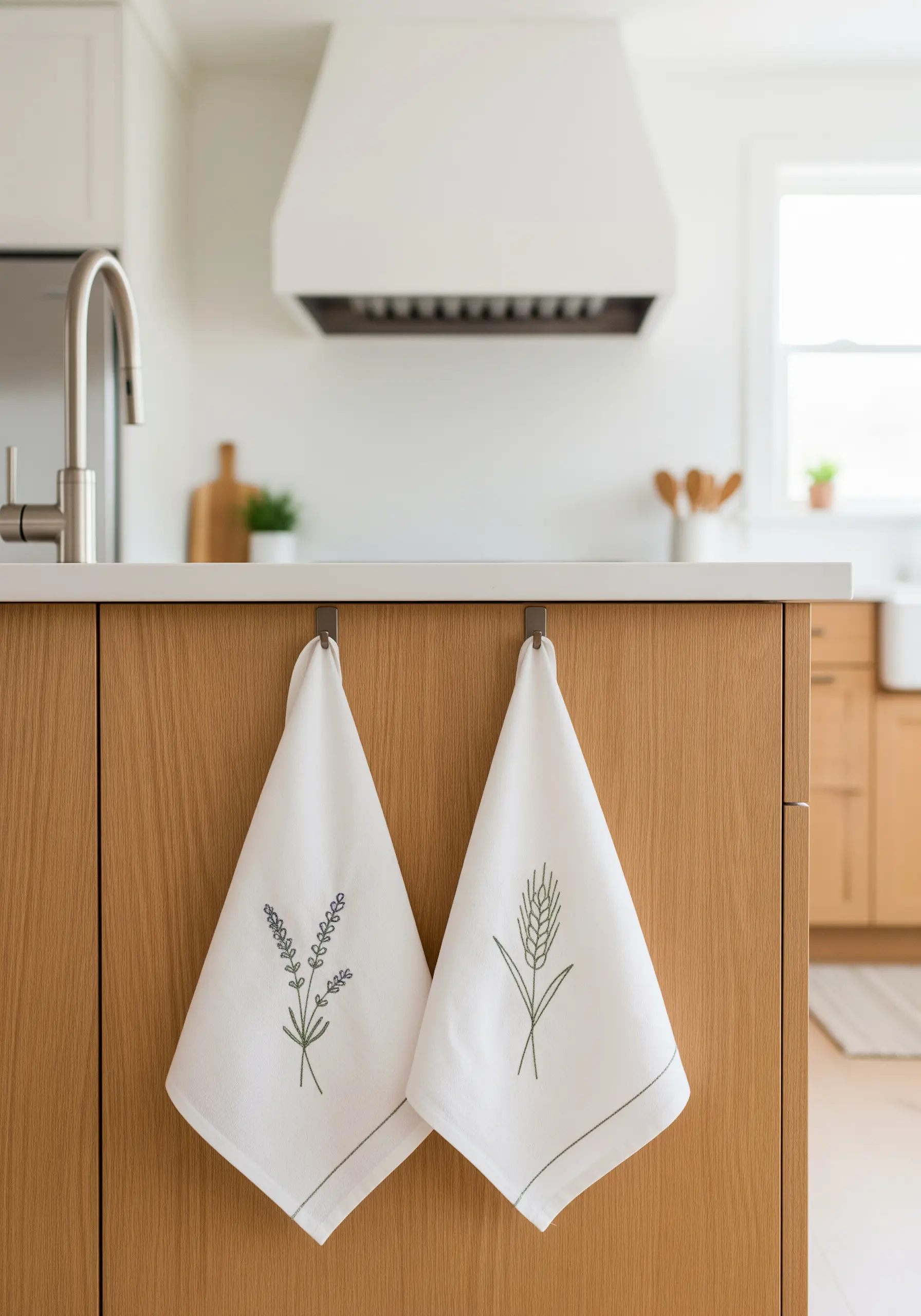 Two white kitchen towels, each with a single, delicate botanical line art embroidery.