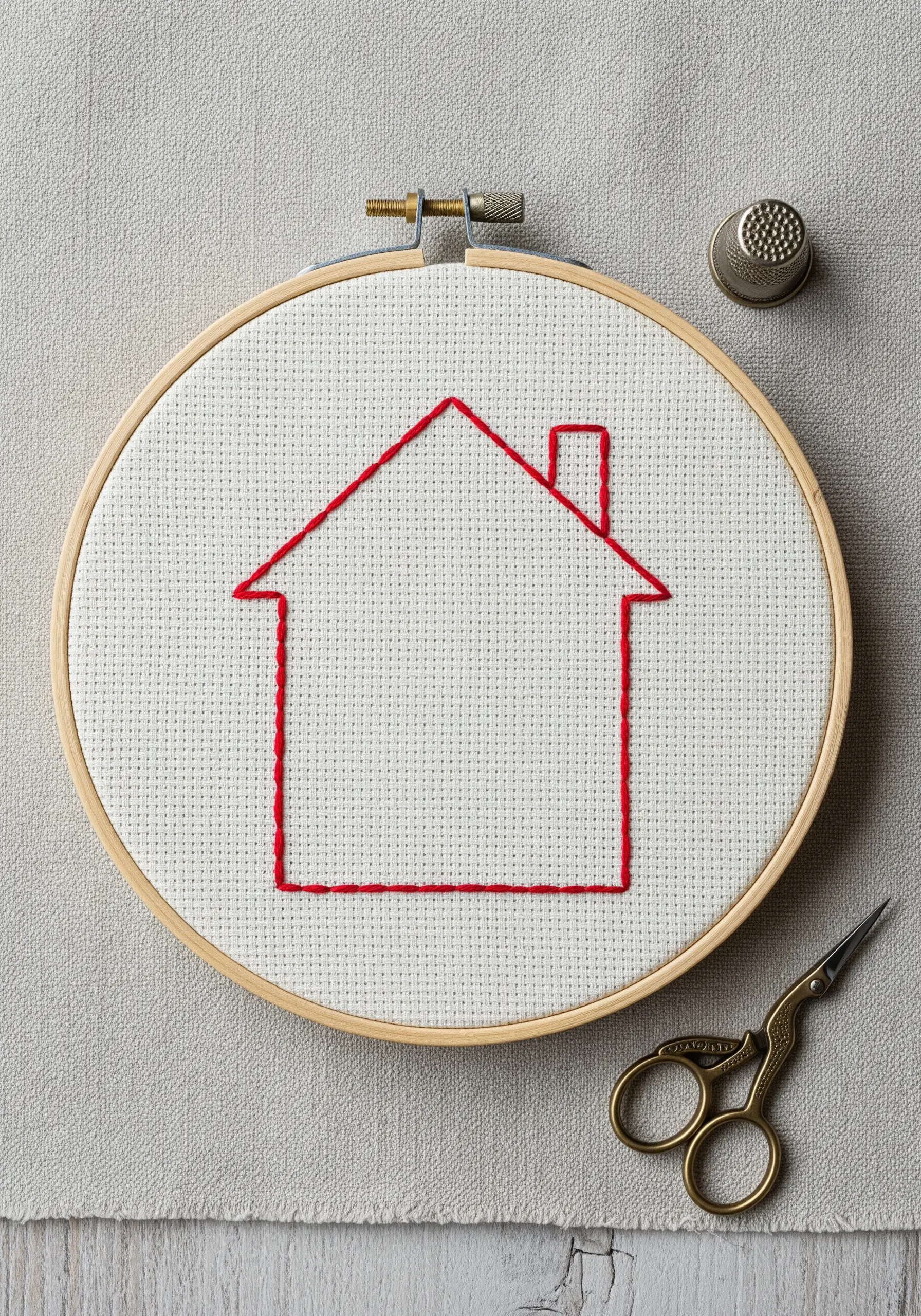 A simple red backstitch outline of a house on white Aida cloth.