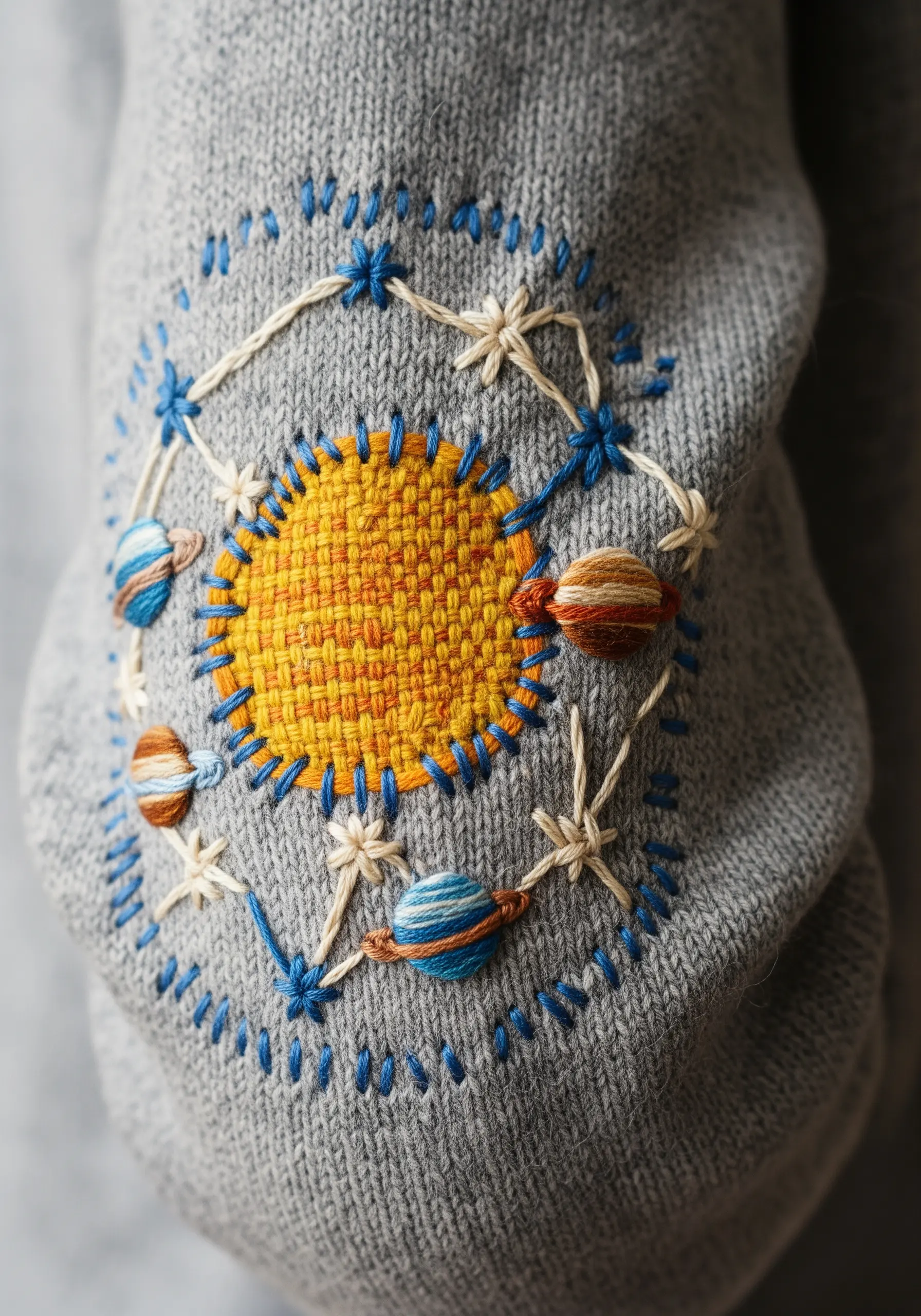 A visible mending patch on a sweater elbow, embroidered with a sun and planets.