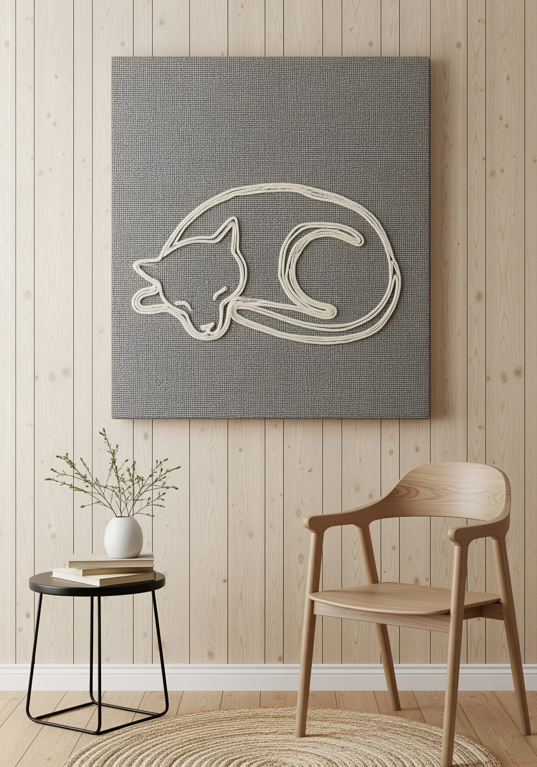 Large-scale wall art of a curled cat, created with thick yarn on a gray canvas.