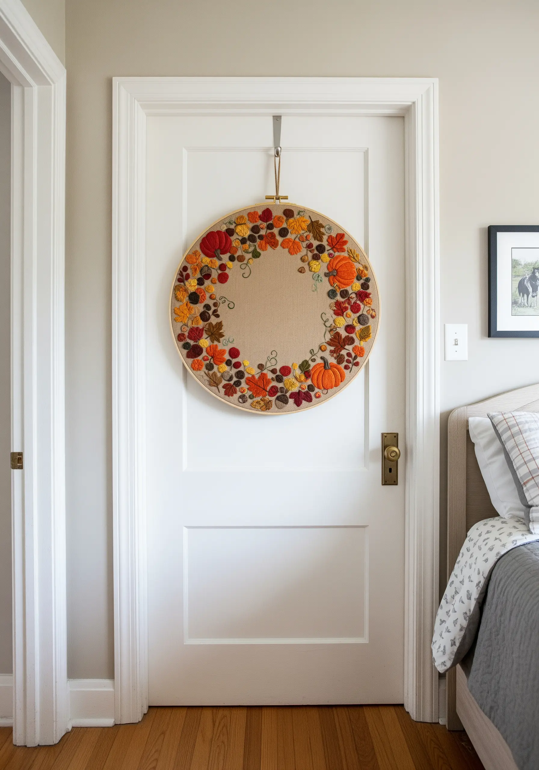 An large, intricate autumn wreath with pumpkins, leaves, and berries embroidered in a hoop on a door.