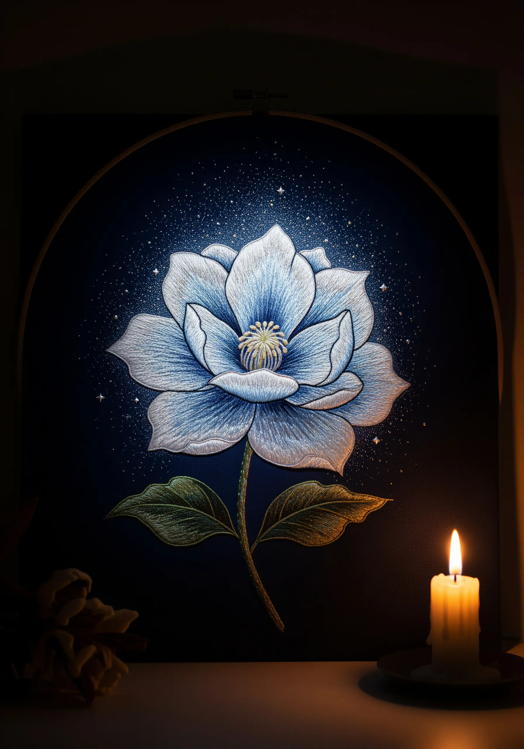 A luminous blue and white magnolia flower that appears to glow on a dark background.