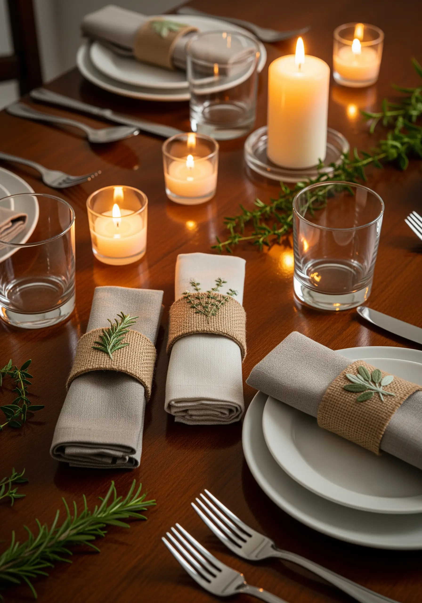 Embroidered burlap napkin rings with sage and rosemary motifs on a dinner table.