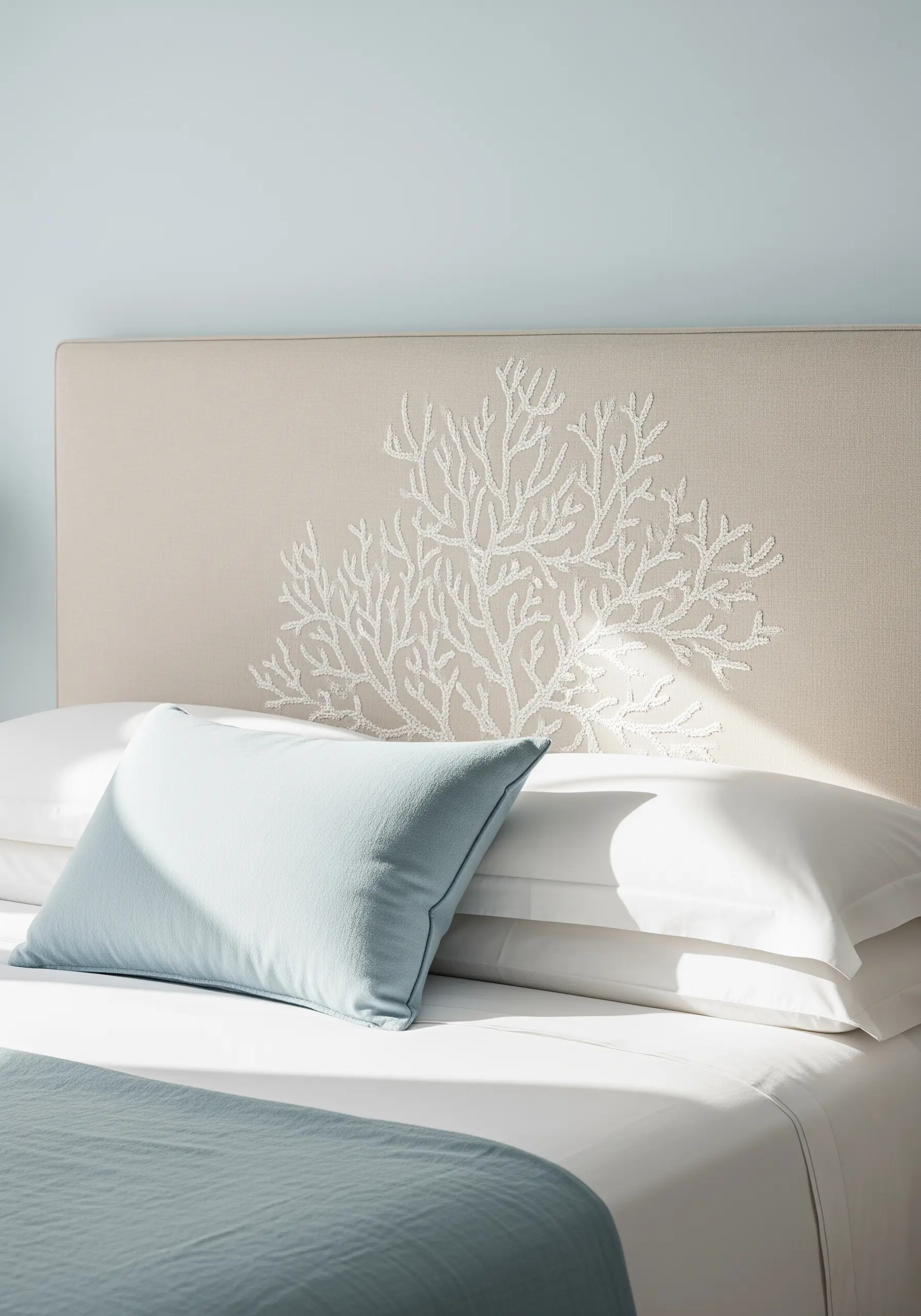 Delicate white coral motif embroidered with French knots on a beige fabric headboard.