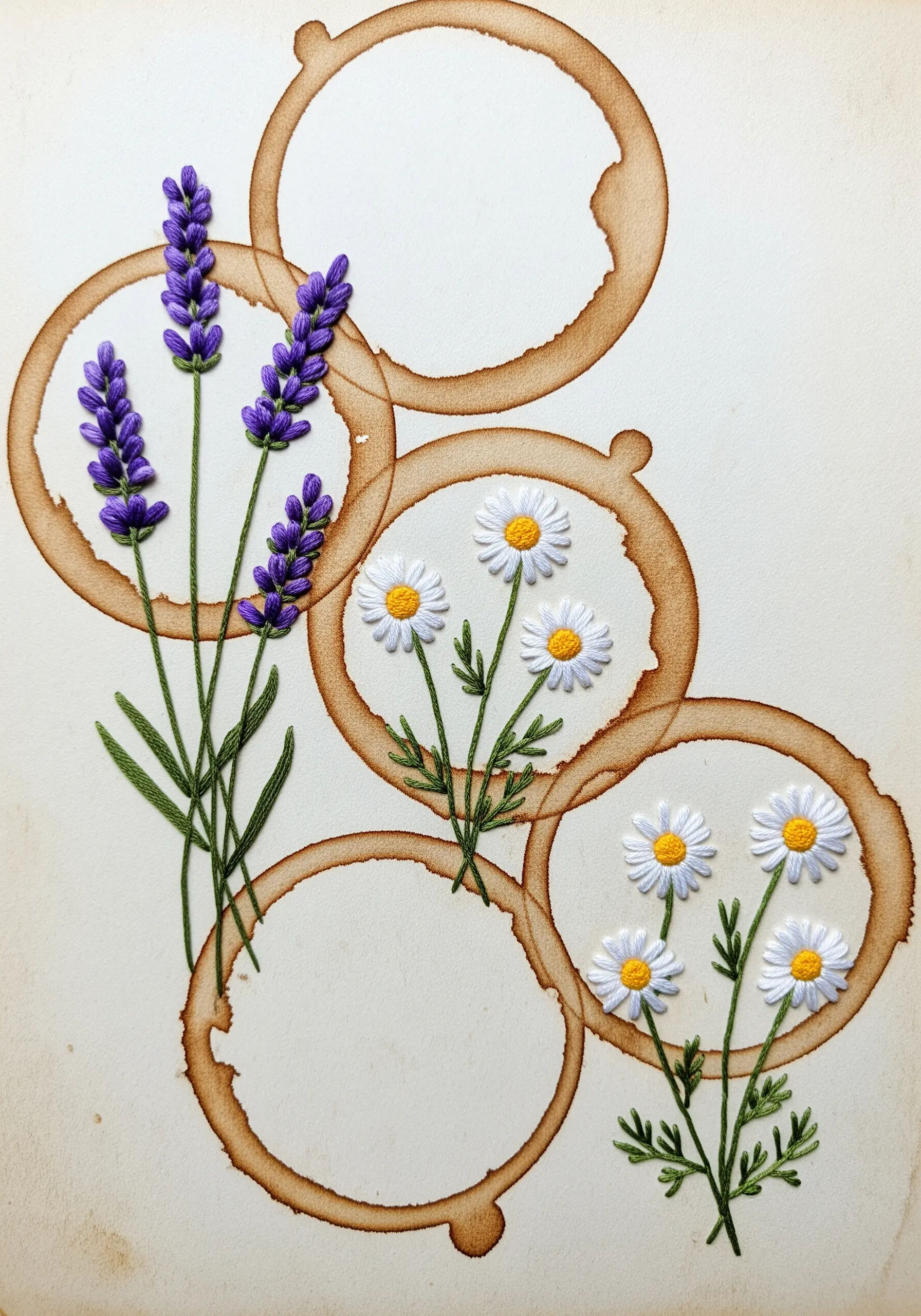 Embroidered lavender and daisies growing out of circular brown coffee stains on aged paper.