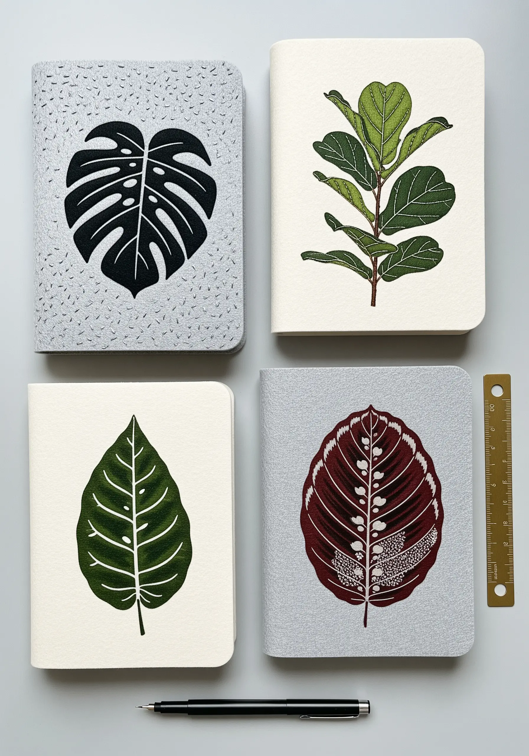 Four embroidered journal covers featuring graphic, high-contrast leaf designs