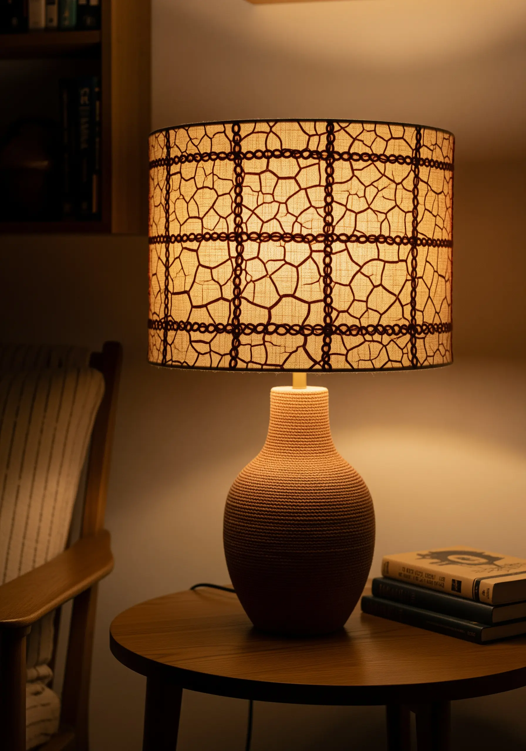 A lit table lamp with an embroidered shade showing a dark, cracked-earth pattern.
