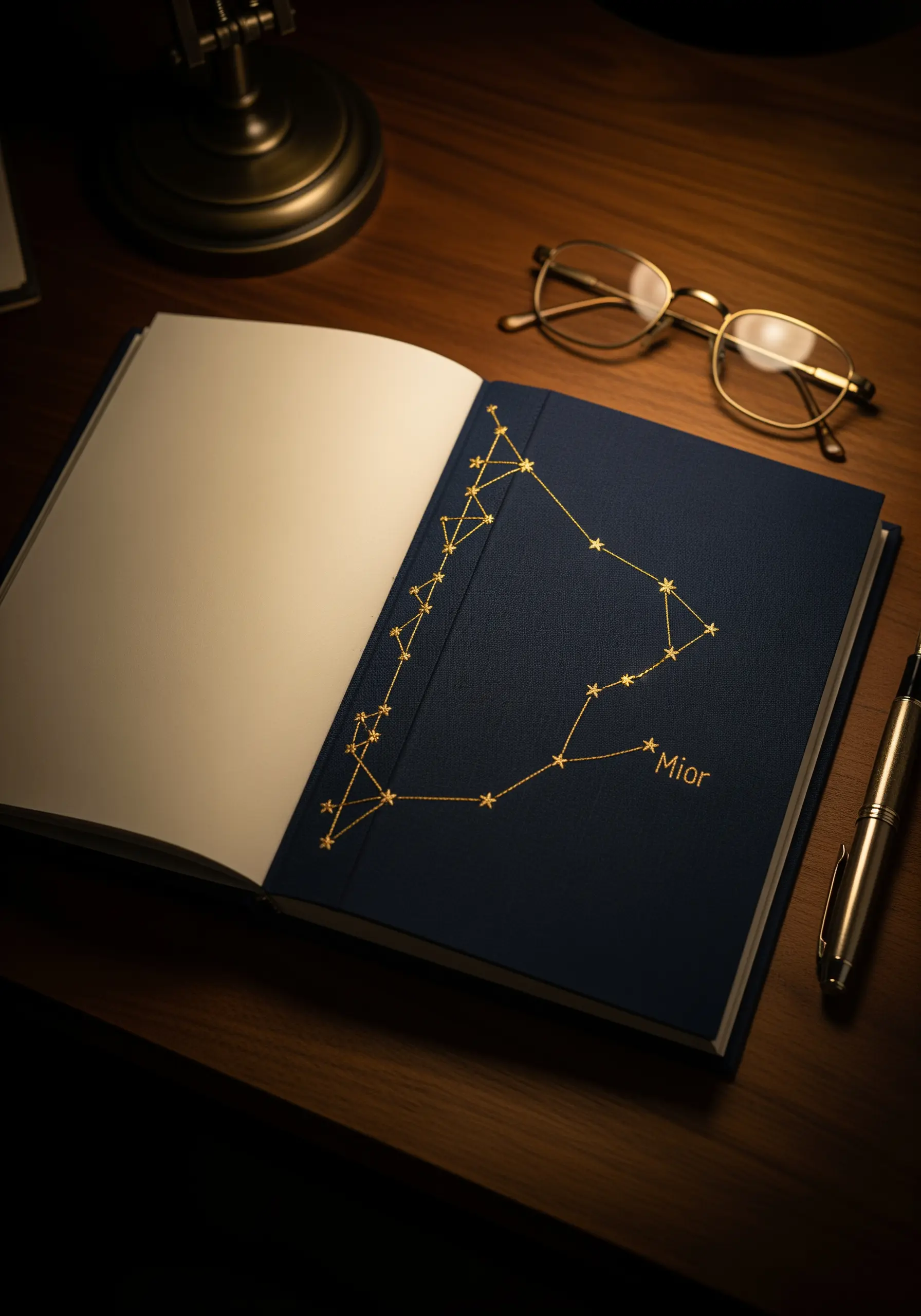 Gold metallic thread constellation embroidered on a navy blue journal cover