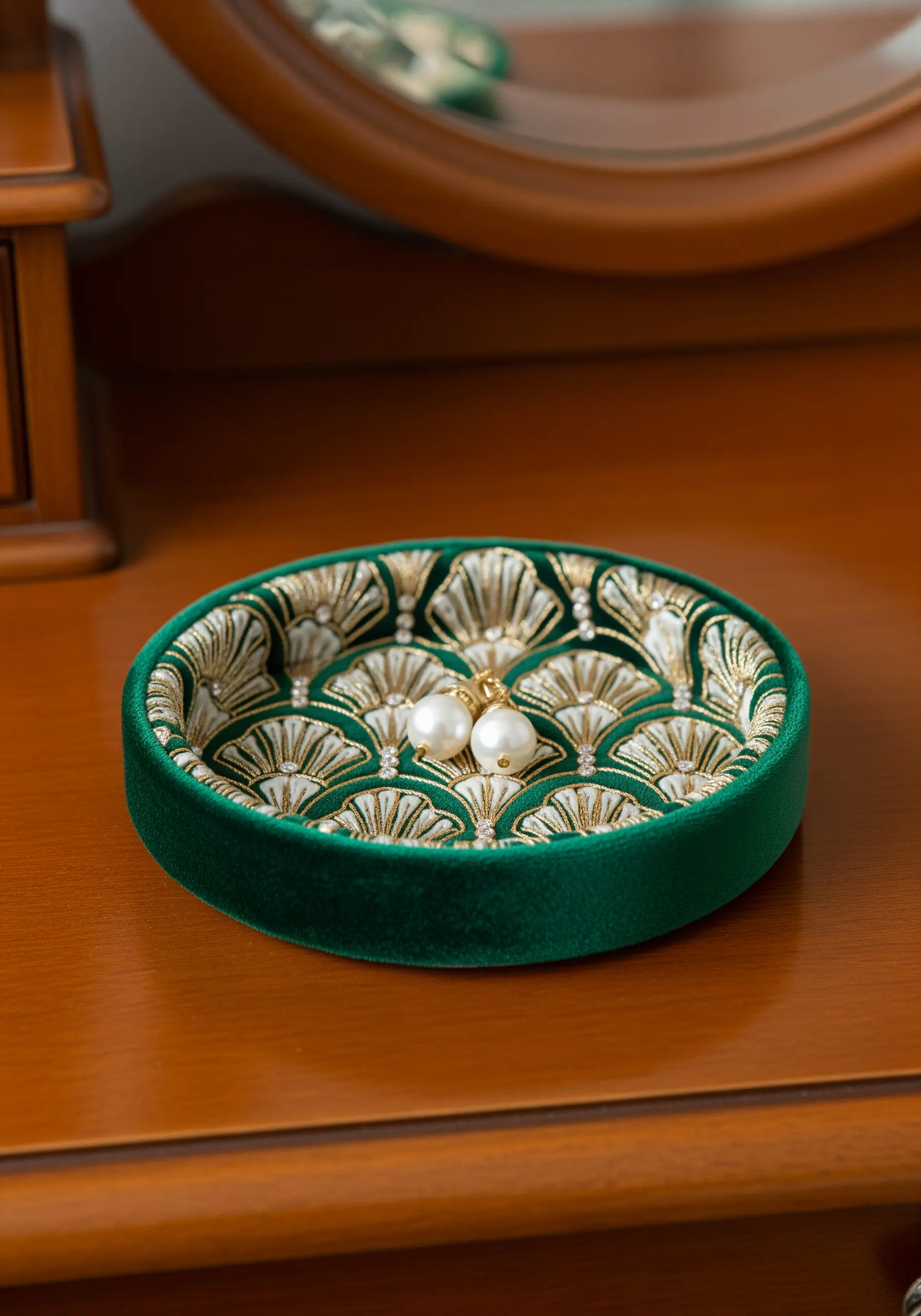 A green velvet jewelry dish with an embroidered Art Deco fan pattern in gold and white thread.