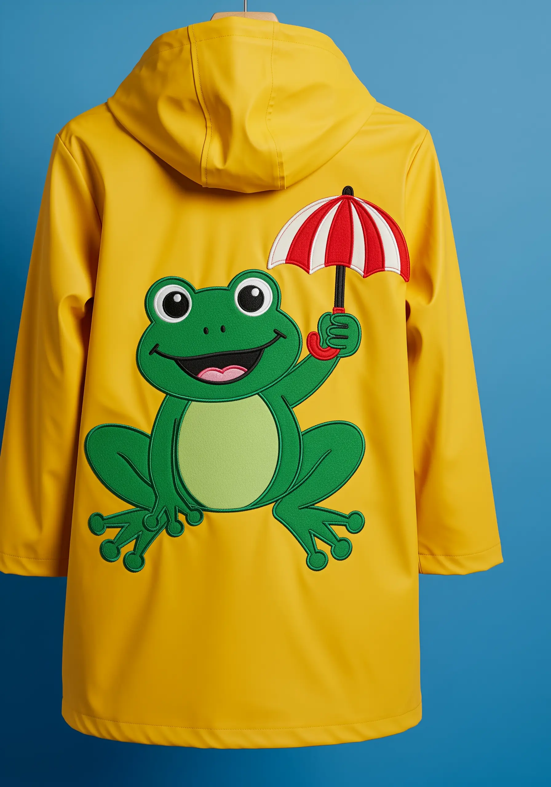 A large, happy green frog holding a red and white umbrella embroidered on the back of a yellow raincoat