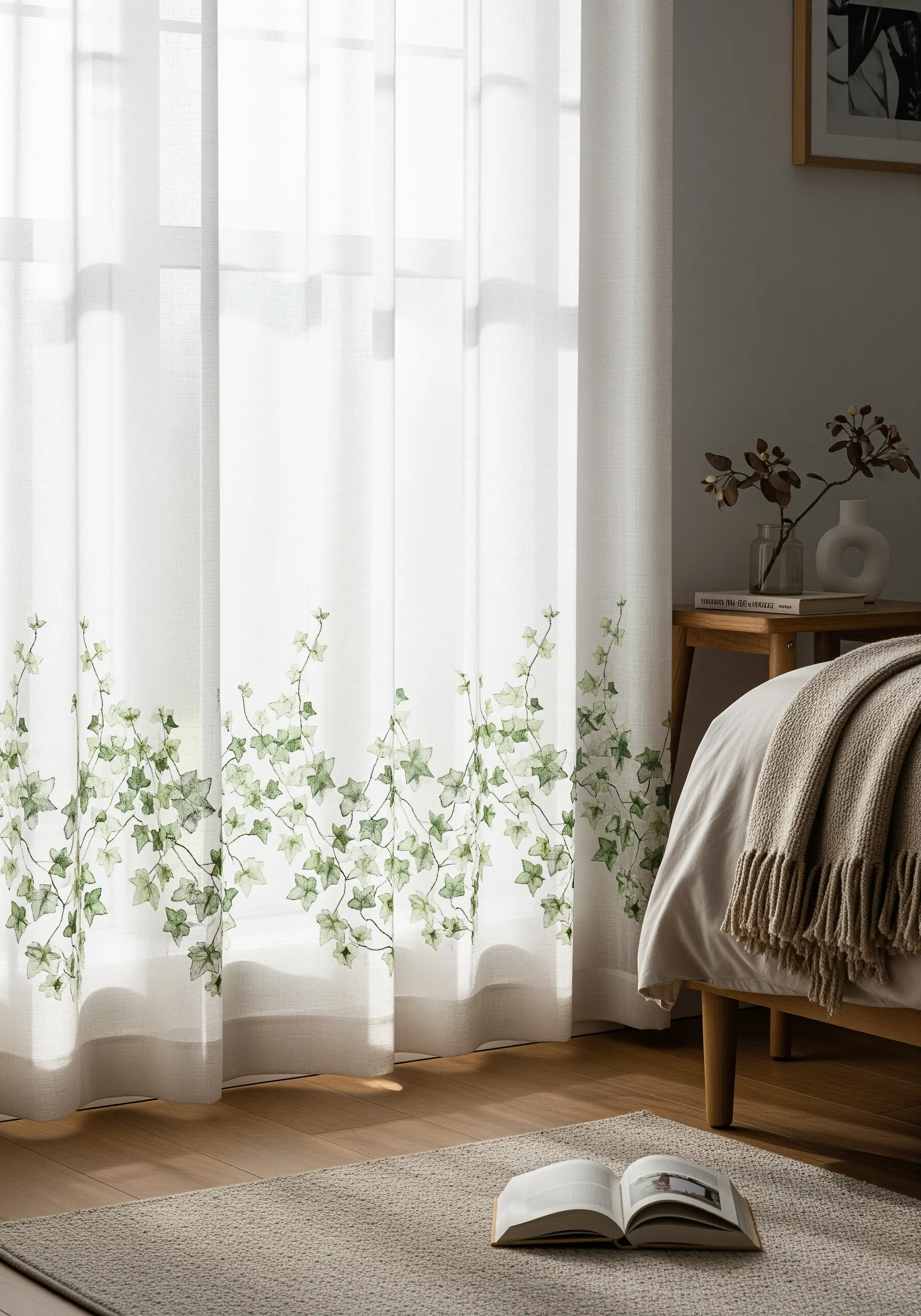 Delicate green ivy embroidered along the bottom of sheer white curtains.