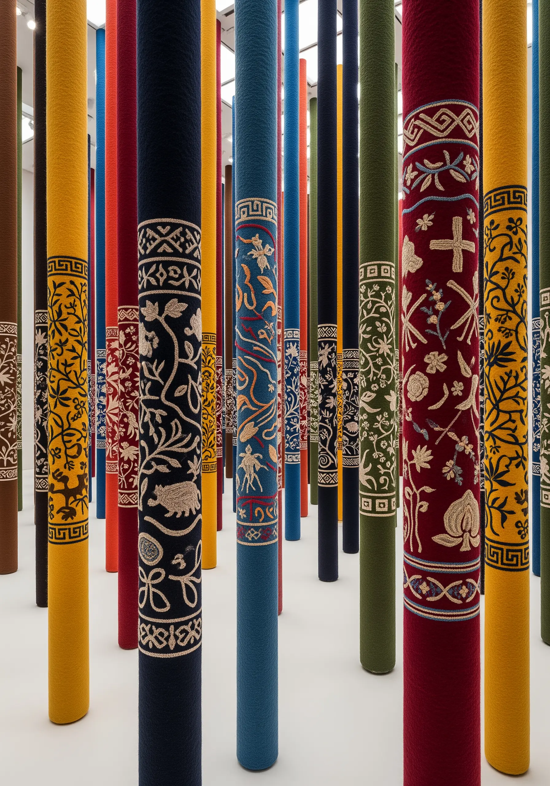 Tall, colorful pillars with intricately embroidered bands featuring floral and animal motifs.