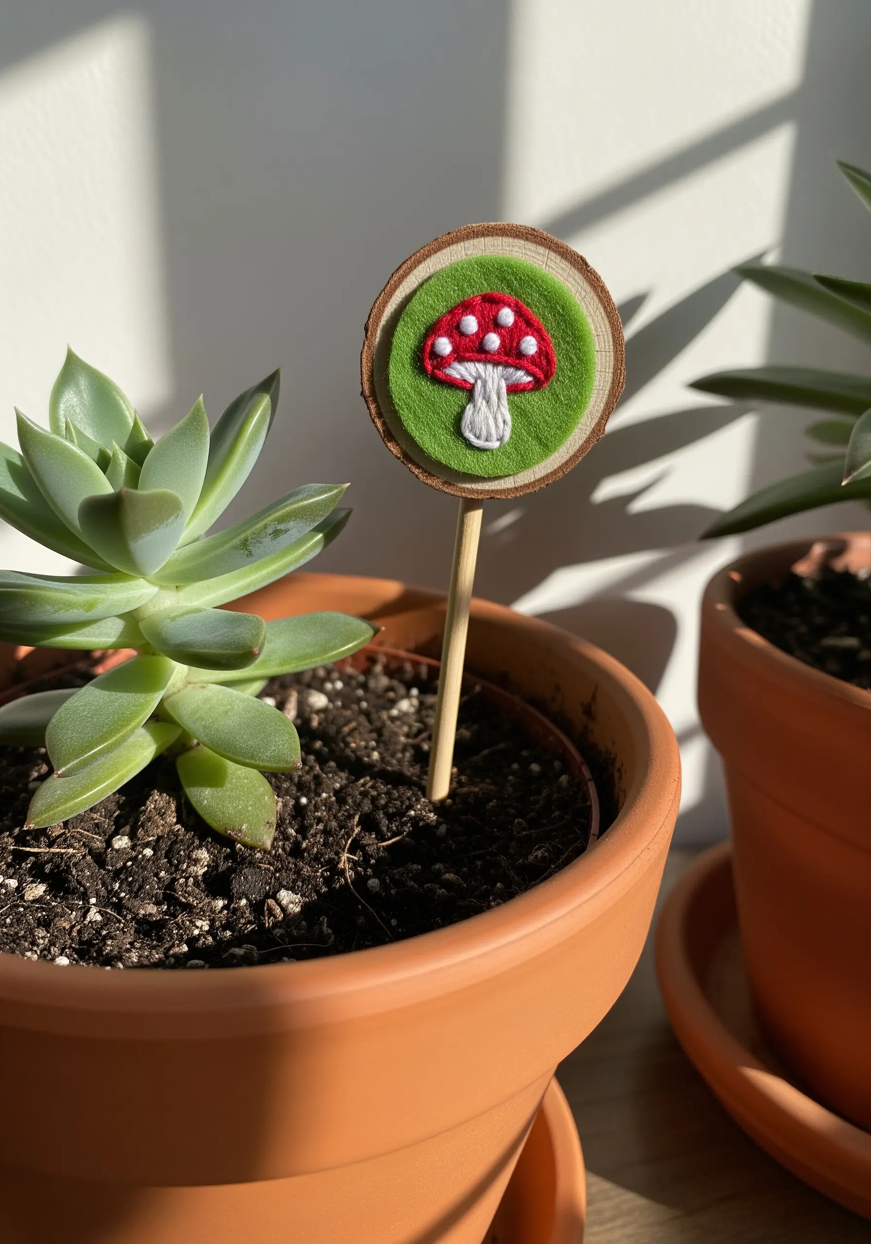 A small plant marker made from a wood slice and felt, with an embroidered red mushroom
