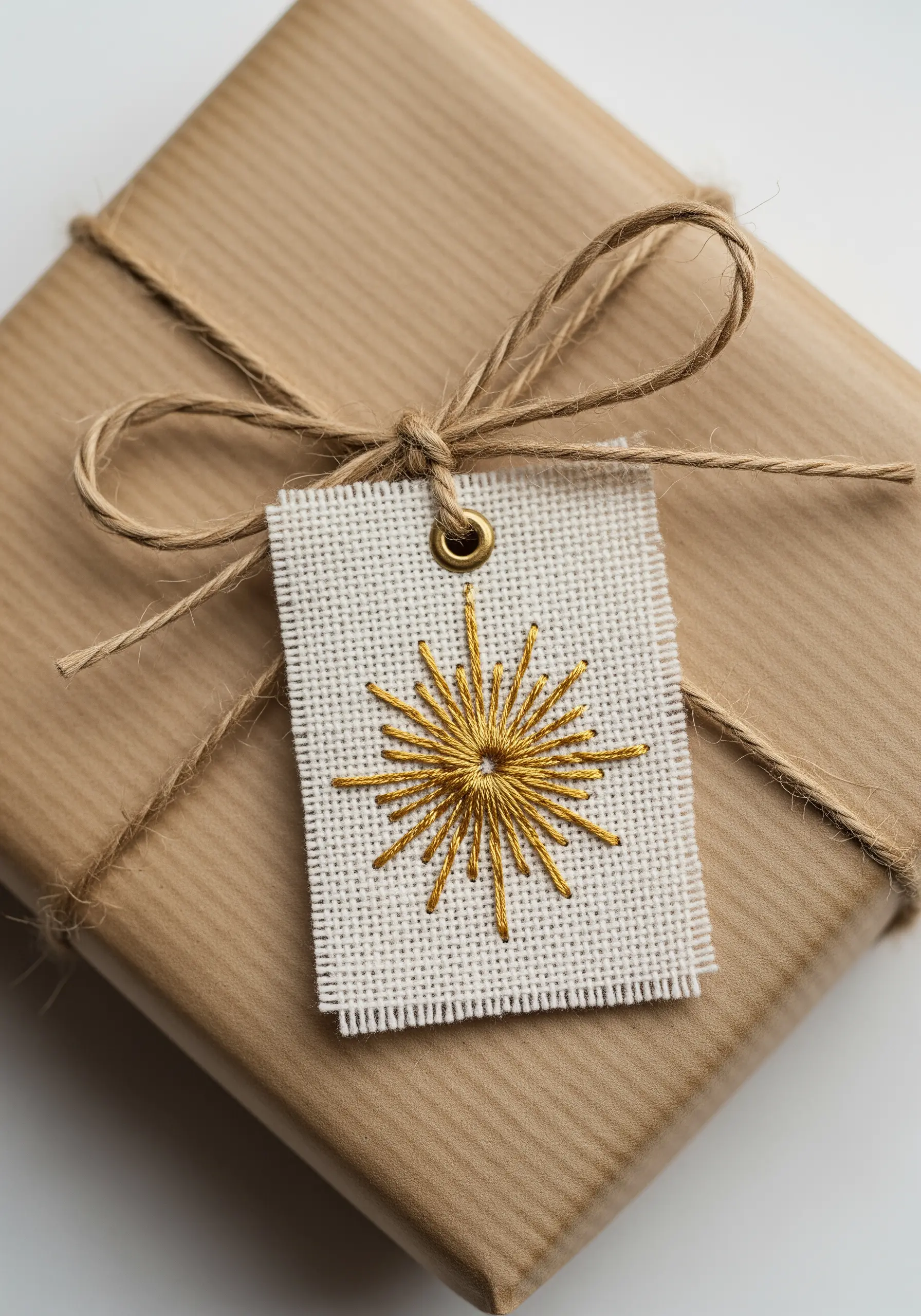 A golden sunburst stitched on a small fabric gift tag tied to a wrapped present.