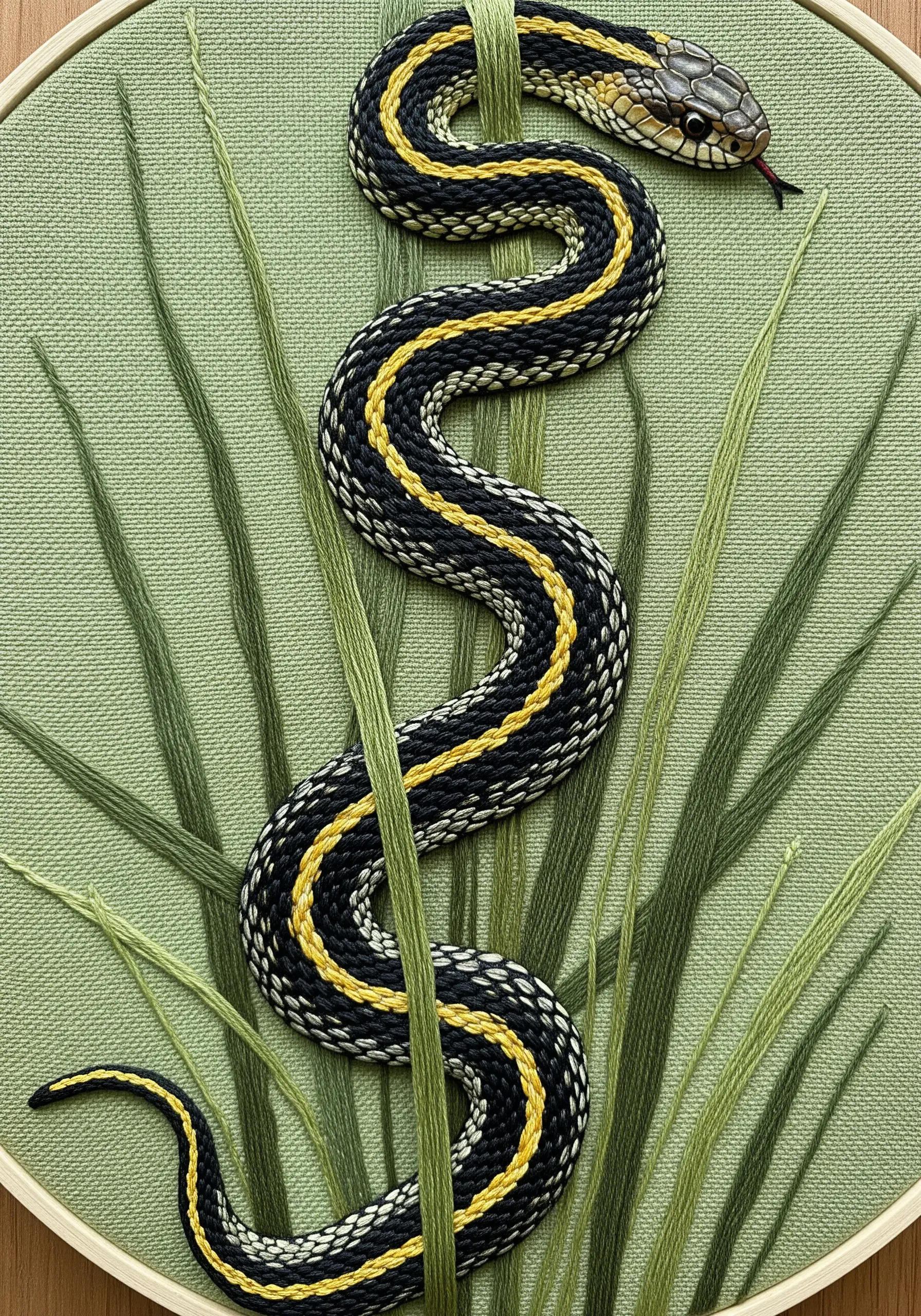 A garter snake embroidered with couched yellow stripes and angled satin stitch for scales.
